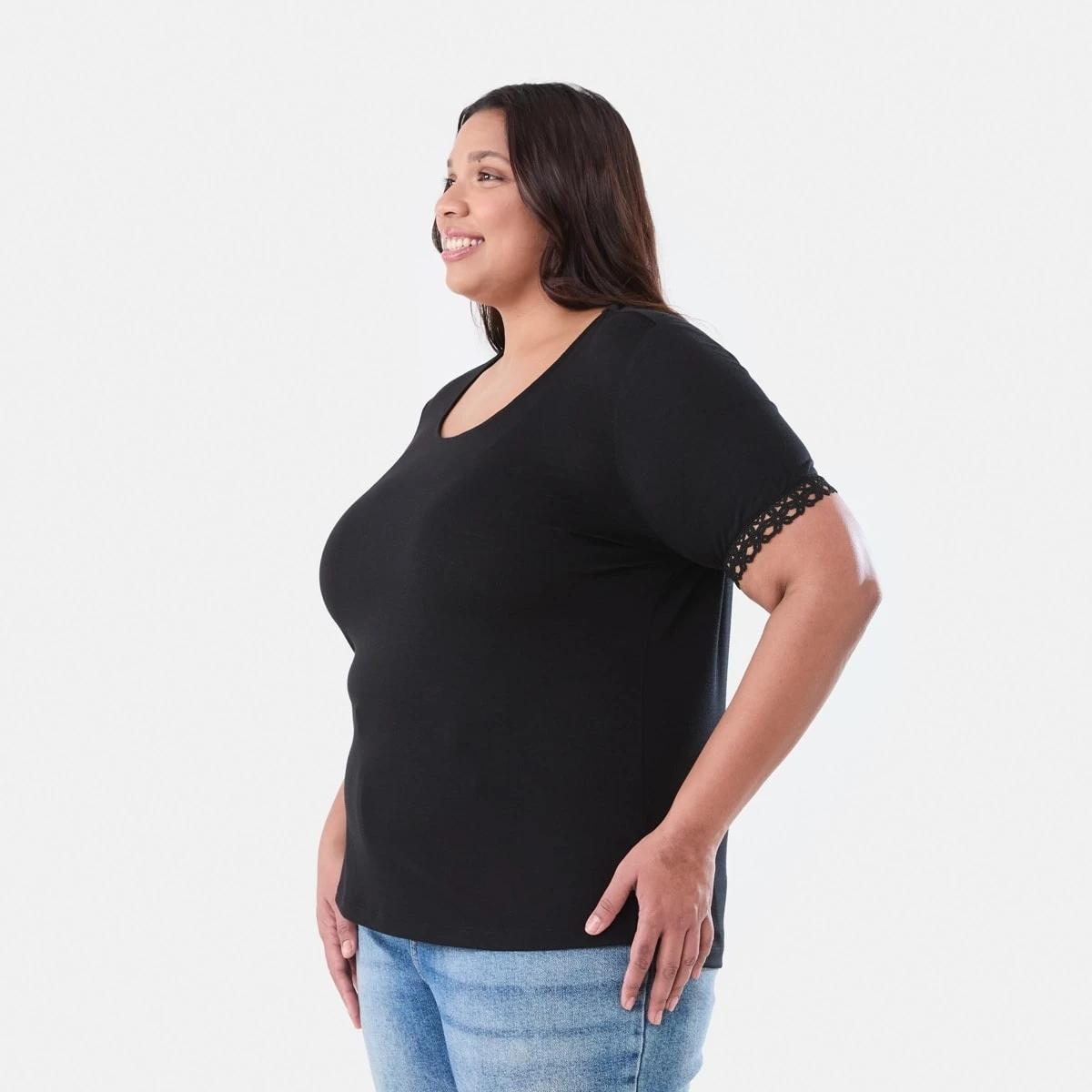 2 Curve Short Sleeve Boho Trim Top BLACK, 2 of 6