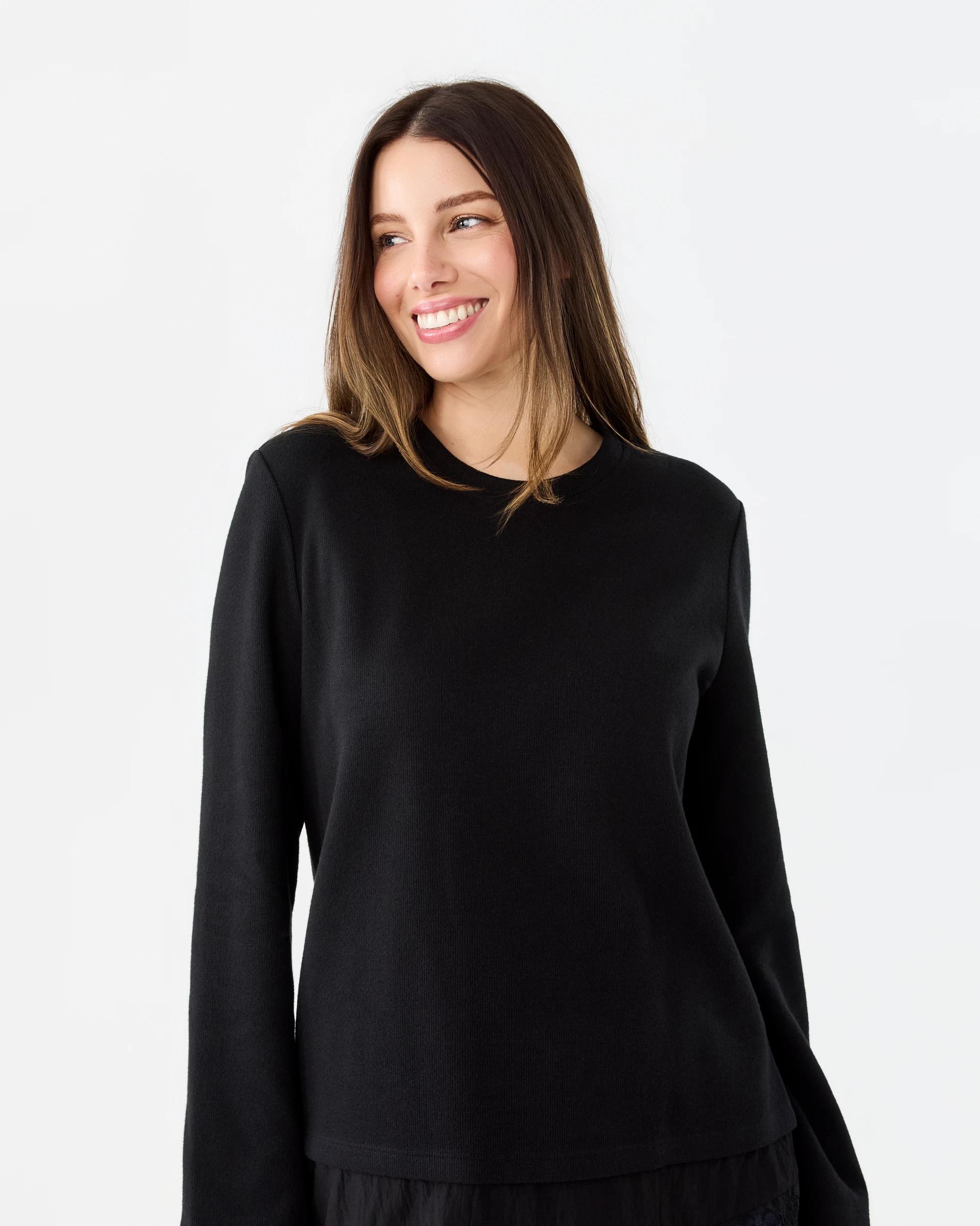 4 Long Sleeve Brushed Lace Trim Top Black, 4 of 7