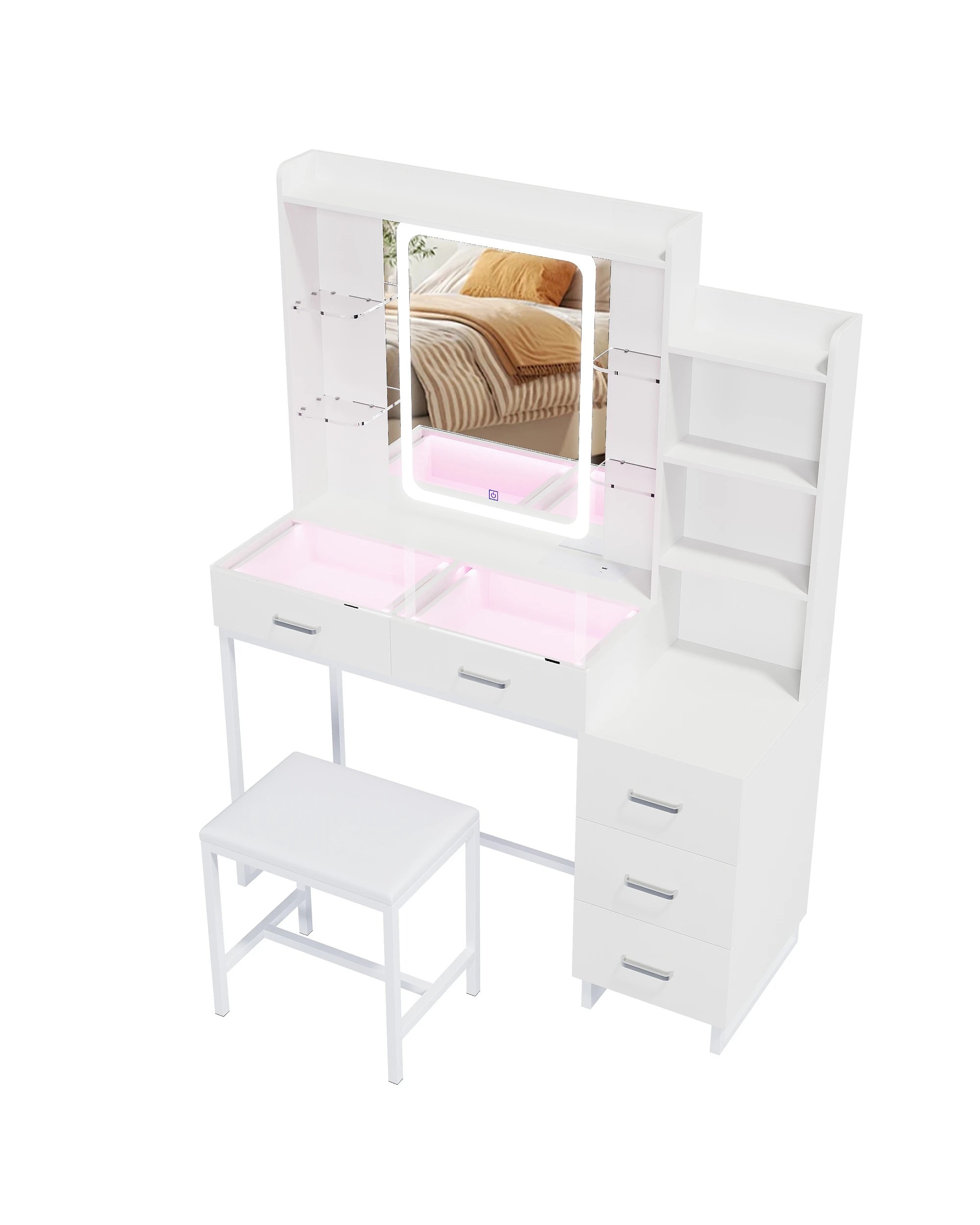 4 Advwin Dressing Table Vanity Desk Glass Top Drawer Wireless Charging LED Light - White, 4 of 10