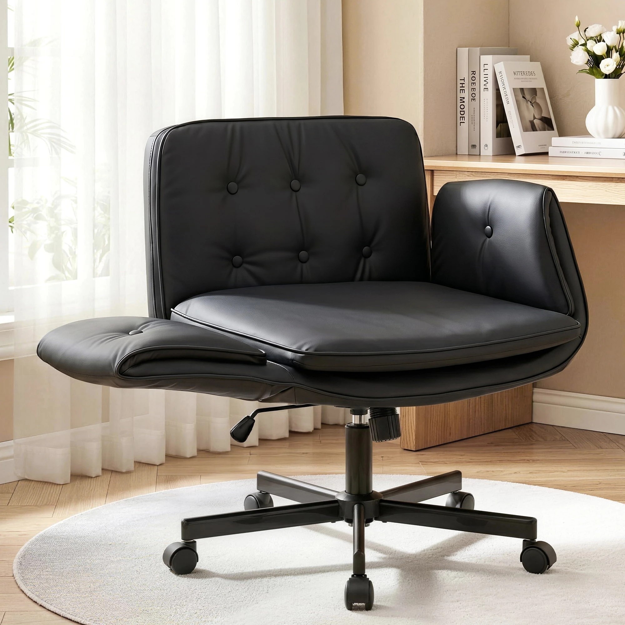 10 Artiss Criss Cross Legged Office Chair PU with Wheels & Adjustable Armrests - Black, 10 of 10