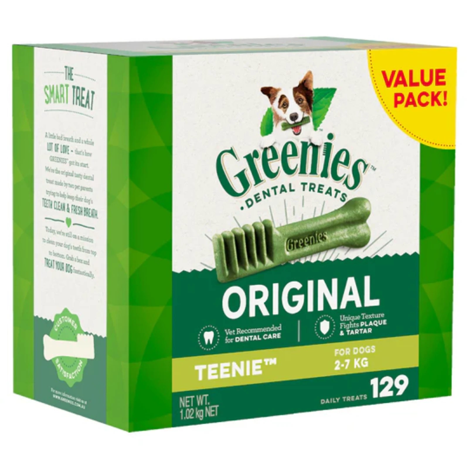 1 Greenies Original Dental Dog Treat Teenie Dogs 2-7kg - 1kg (129 Treats), 1 of 2