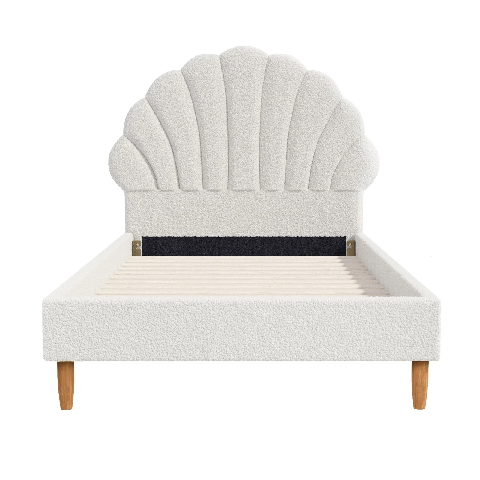 7 Oikiture Bed Frame Single Size Scallop-Shape Bedhead Boucle with Mattress - White, 7 of 8