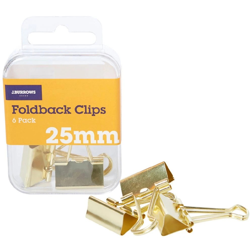 1 J.Burrows 25mm Foldback Clips Gold 6 Pack, 1 of 3