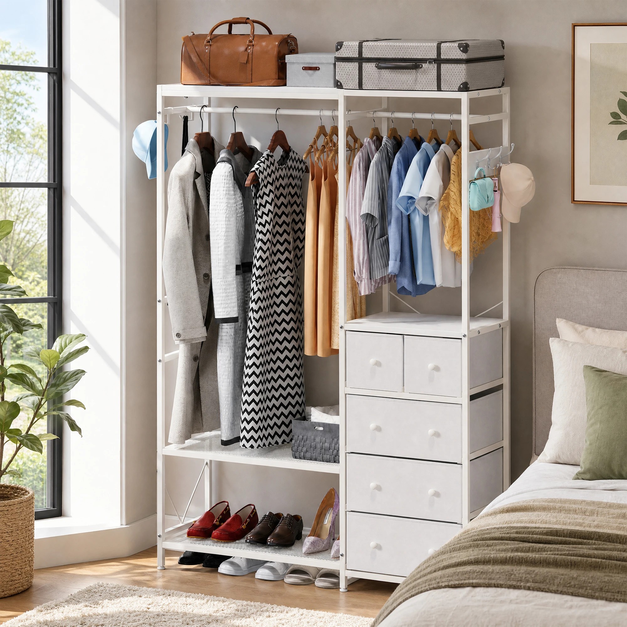 Advwin Portable Closet Wardrobe Adjust Closet Racks w/2 Hang Rods & 5 ...