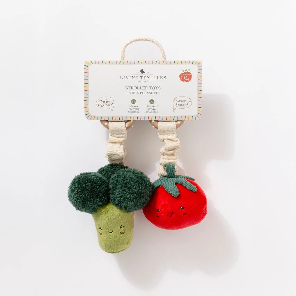 4 Living Textiles Broccoli & Tomato Plush Baby Stroller Toys 2 Pack – Mini Market, Assorted, 4 of 4