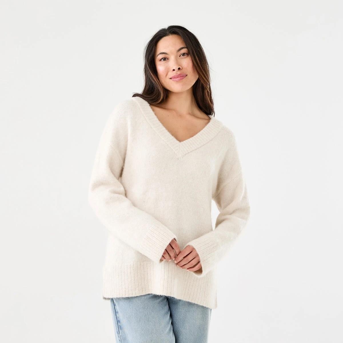 1 Fluffy V-Neck Jumper Beige Marl, 1 of 7