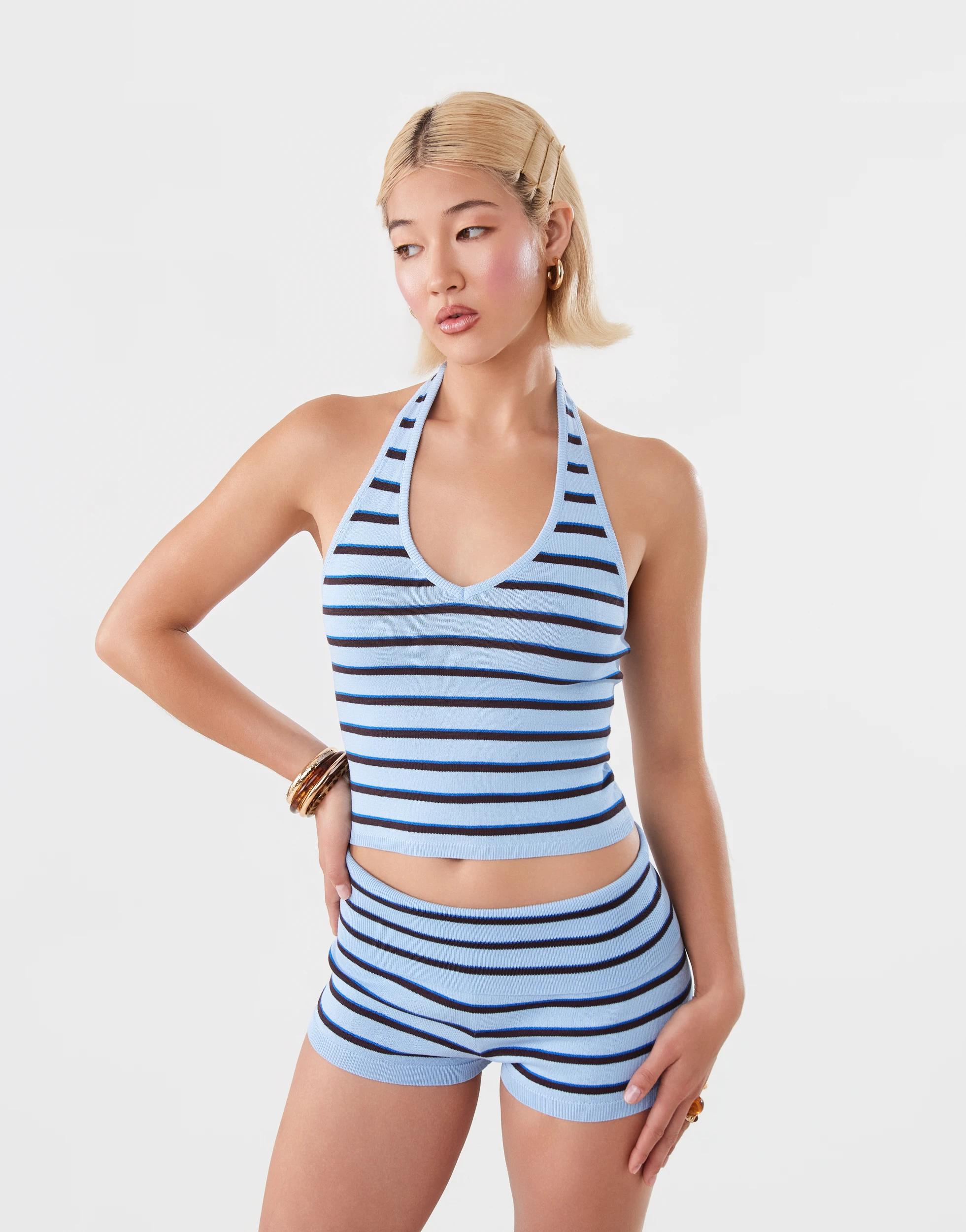 8 Knit Fold Over Mini Shorts Blu Stripe, 8 of 9