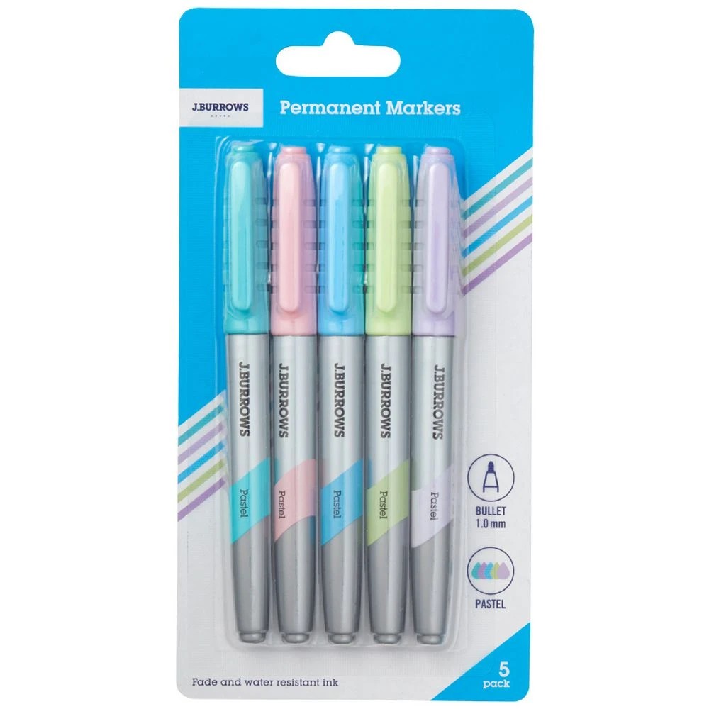 1 J.Burrows Permanent Markers 1mm Bullet Pastels 5 Pack, 1 of 3