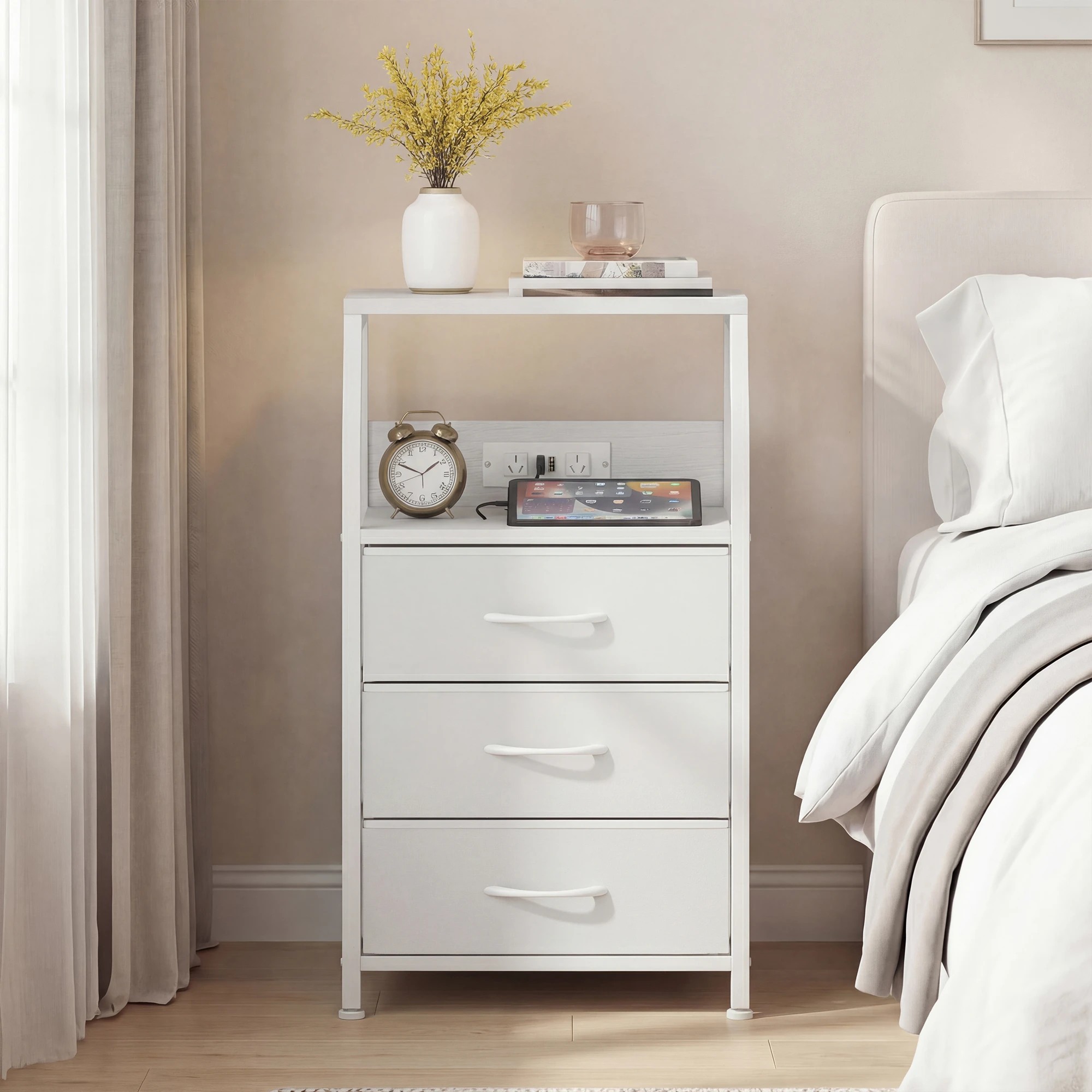 7 Advwin Bedside Table with Charging Station 3 Fabric Drawers Nightstand - White, 7 of 9
