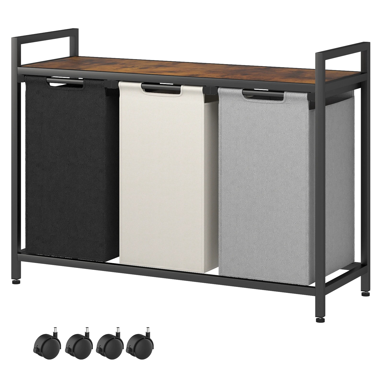 1 Advwin 3 x 40L Laundry Sorting Hamper with Wheels Storage Shelf - Brown, 1 of 8
