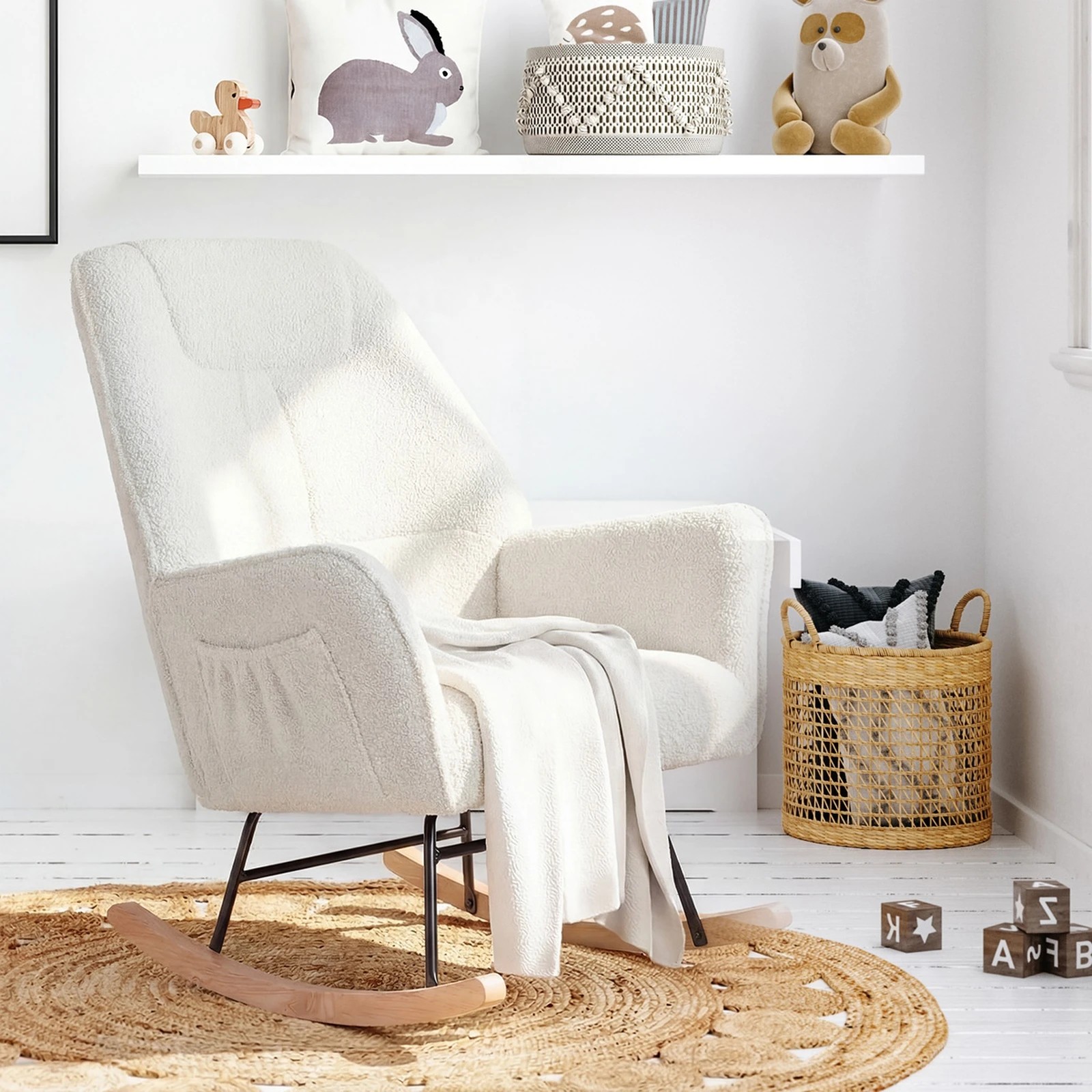 4 Oikiture Rocking Chair Nursing Armchair Sherpa Accent Chairs Upholstered - White, 4 of 10