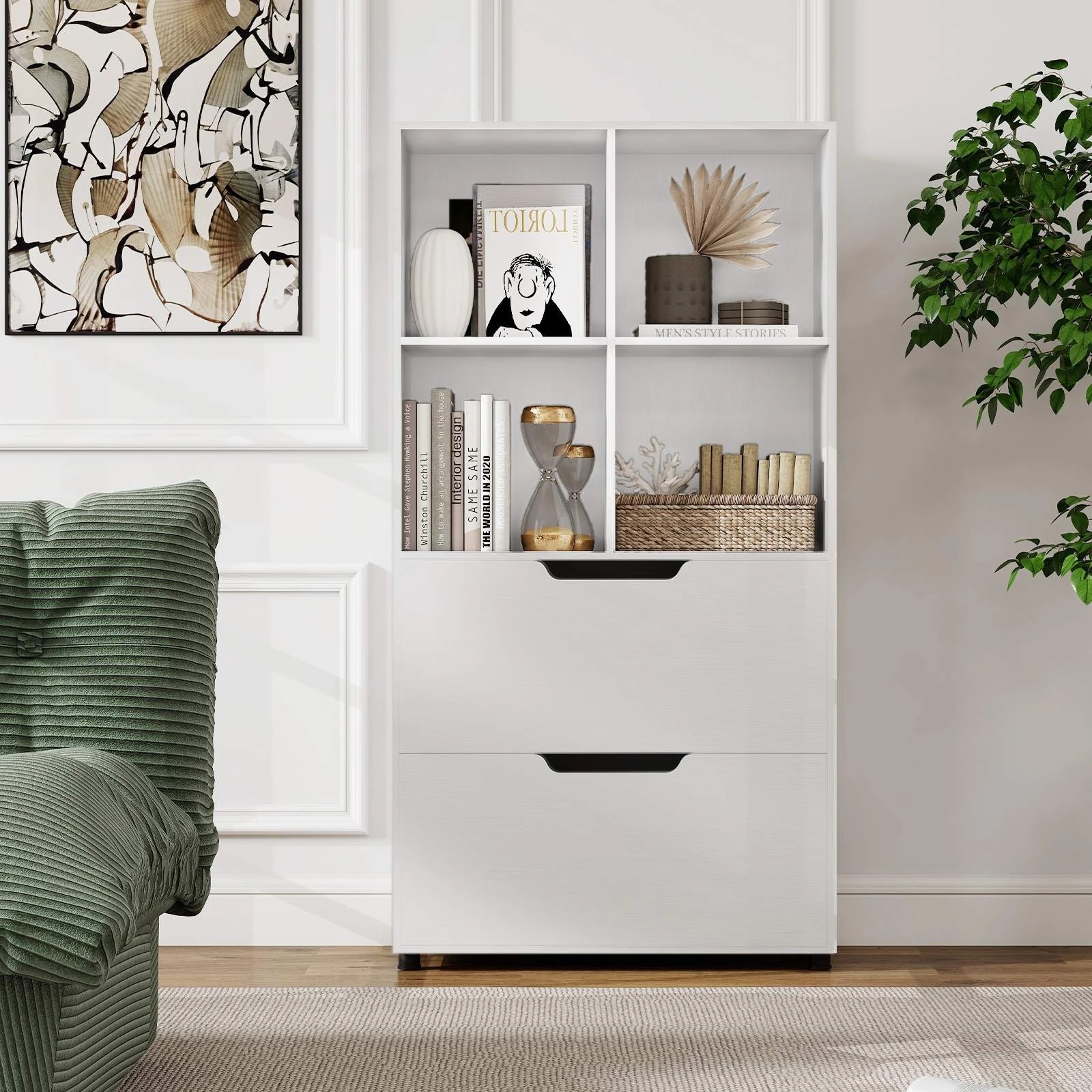 3 Costway 4-Cube 1.3m 5-Tier Bookcase w/2 Drawers Display Rack Bookshelf Storage Organizer - White, 3 of 4