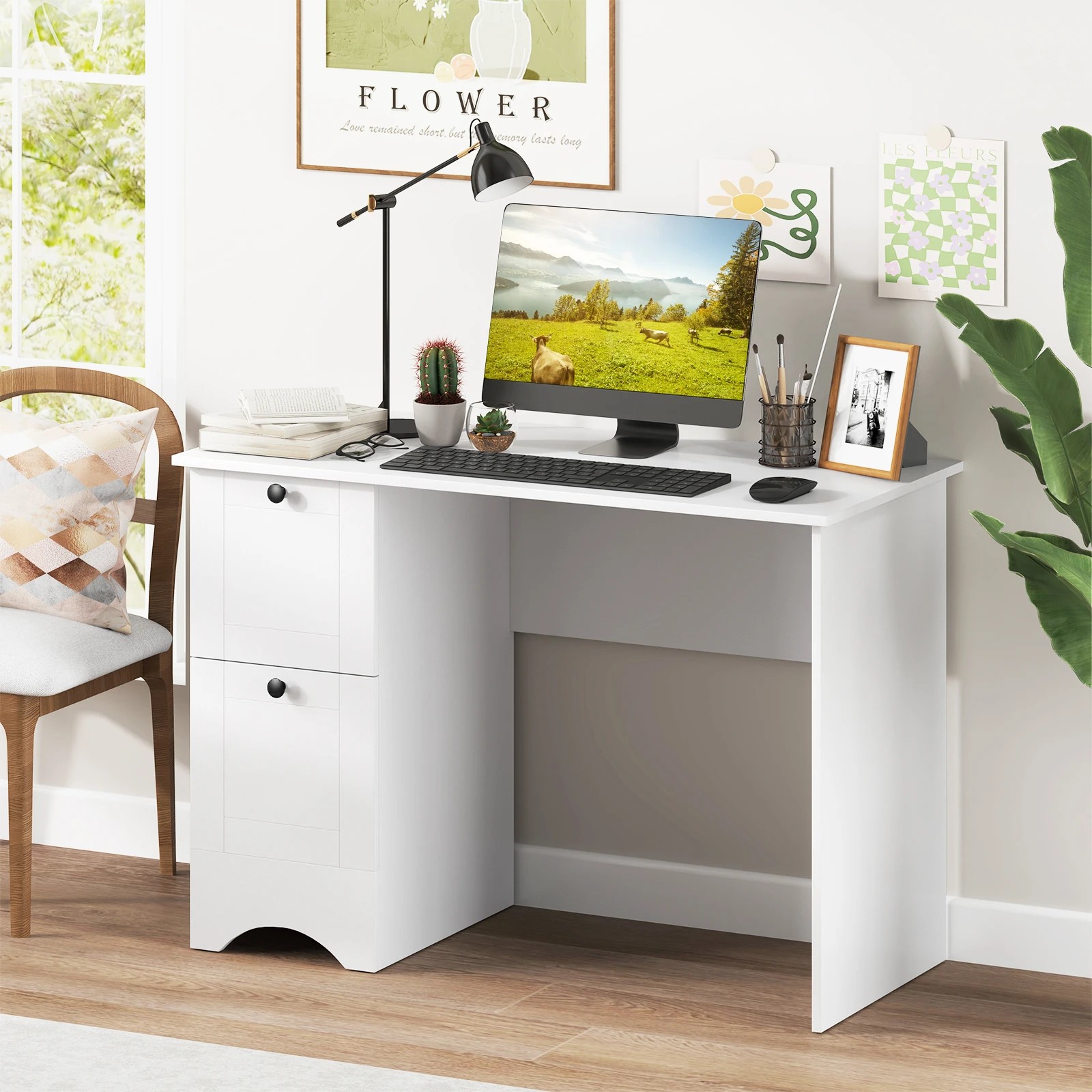 4 Costway Modern Study Writing Workstation Laptop Table Computer Desk w/Drawers, 4 of 4