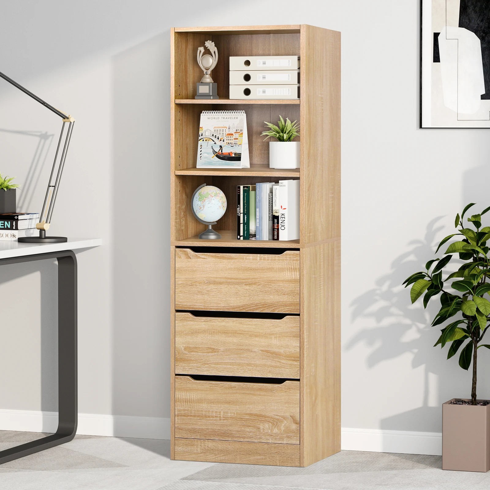 10 Alfordson Chest of 3 Drawers Office Storage Cabinet Tallboy Bedroom - Oak, 10 of 10
