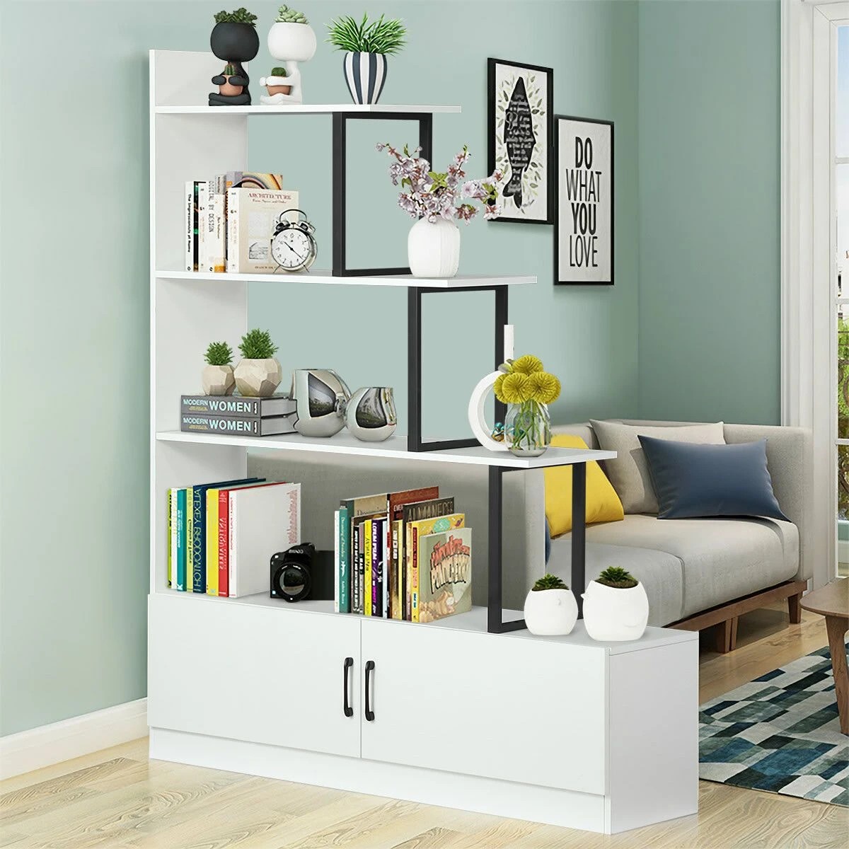 3 Ausway 5 Tier Ladder Bookshelf Storage Cube Rack Cabinet Display Shelf Unit with 2 Doors, 3 of 8