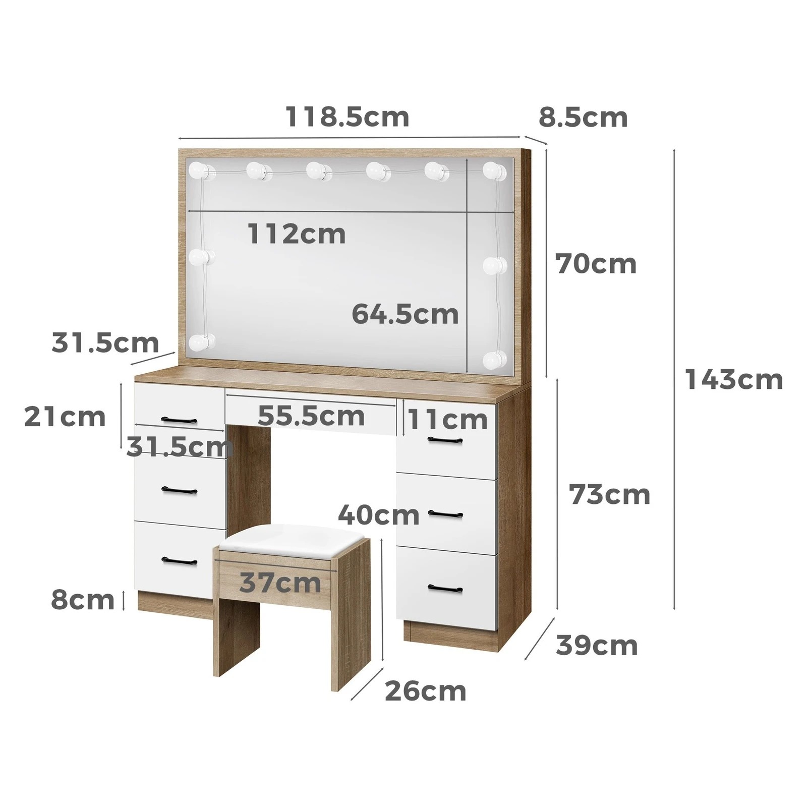 9 Alfordson Dressing Table Stool Set Makeup Mirror Vanity Desk LED Oak, 9 of 10