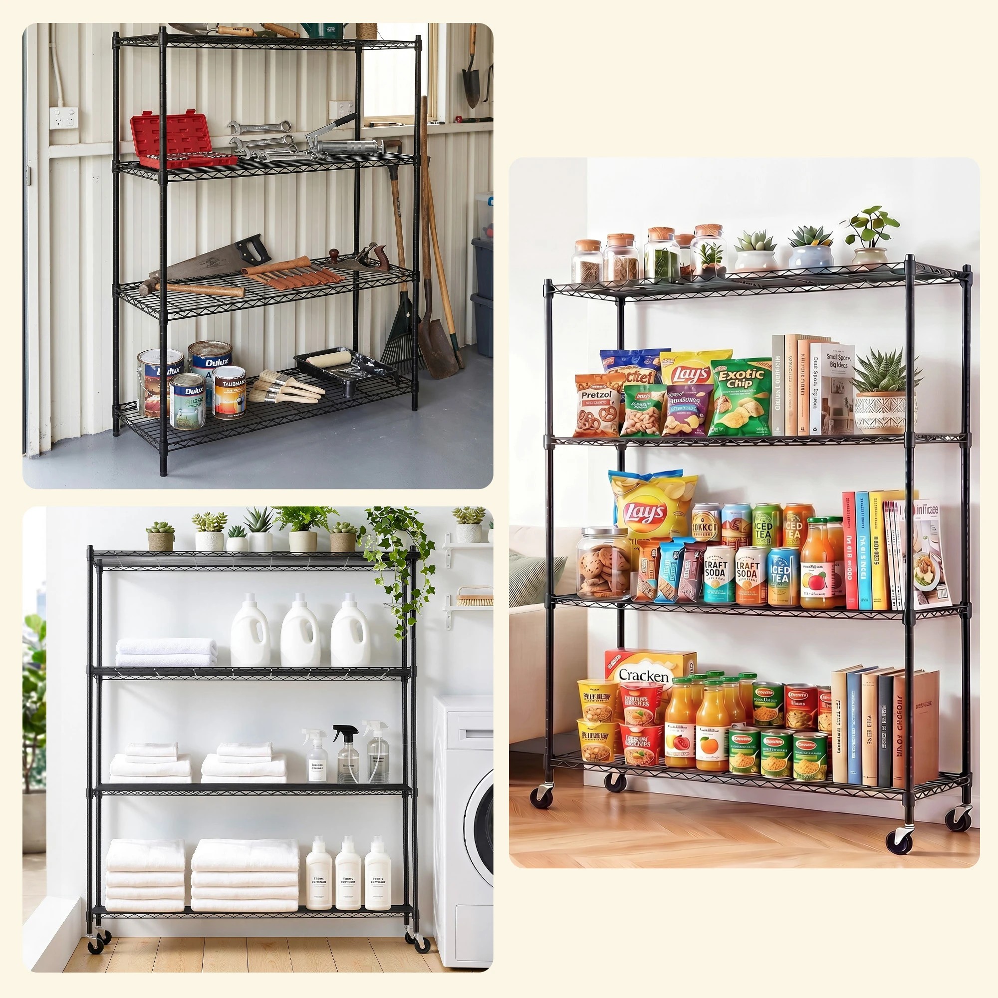 8 Artiss 4-Tier Kitchen Garage Rack Shelf with Wheels Shelving Unit 152x45x187CM Adjustable Metal Storage Shelves - Black, 8 of 9