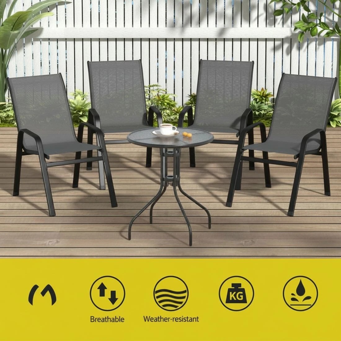 4 Gardeon 6PC Outdoor Dining Chairs - Grey, 4 of 6