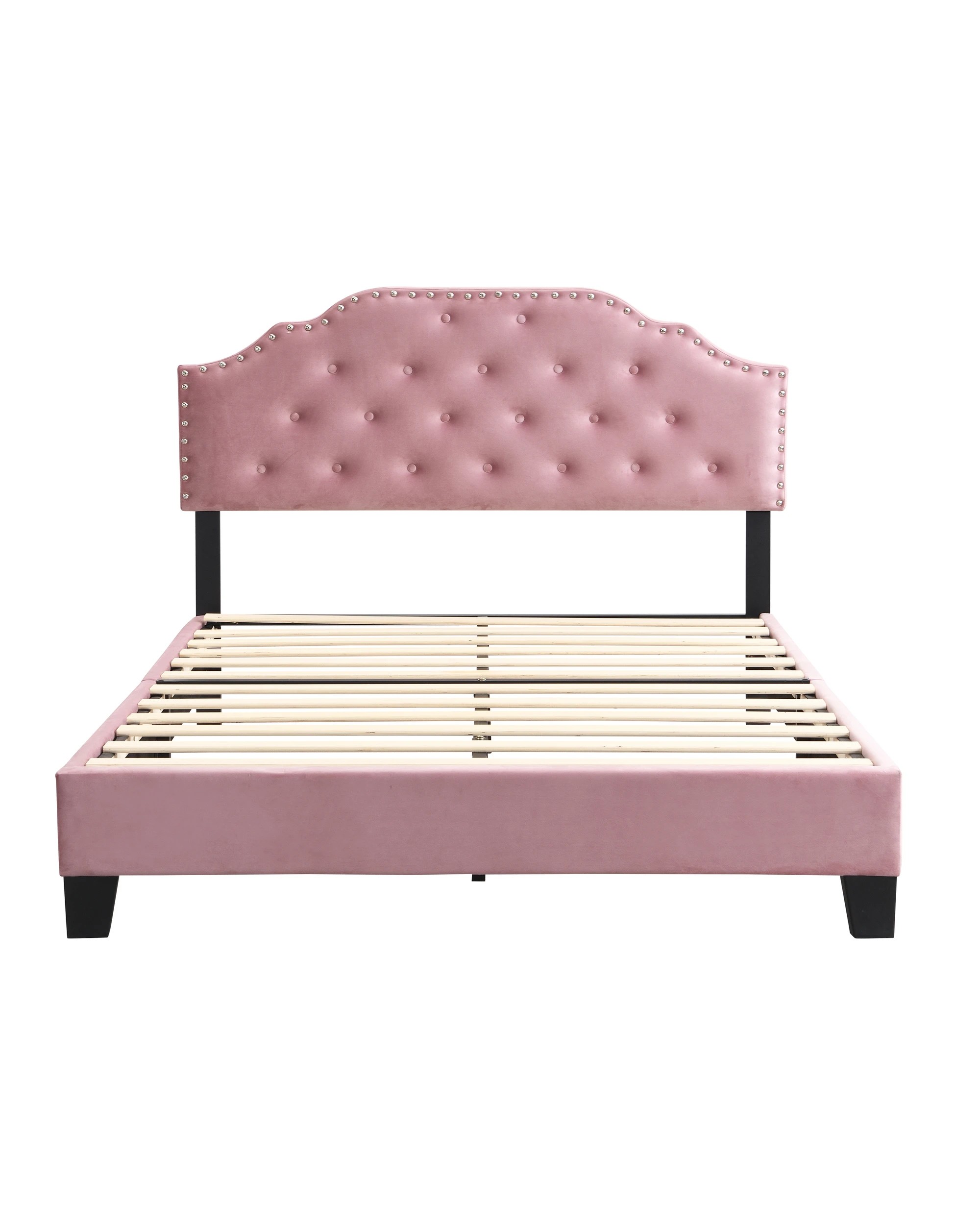 1 IHOMDEC BEF02 Double Velvet Button Tufted Bed Frame - Pink - Pink, 1 of 10