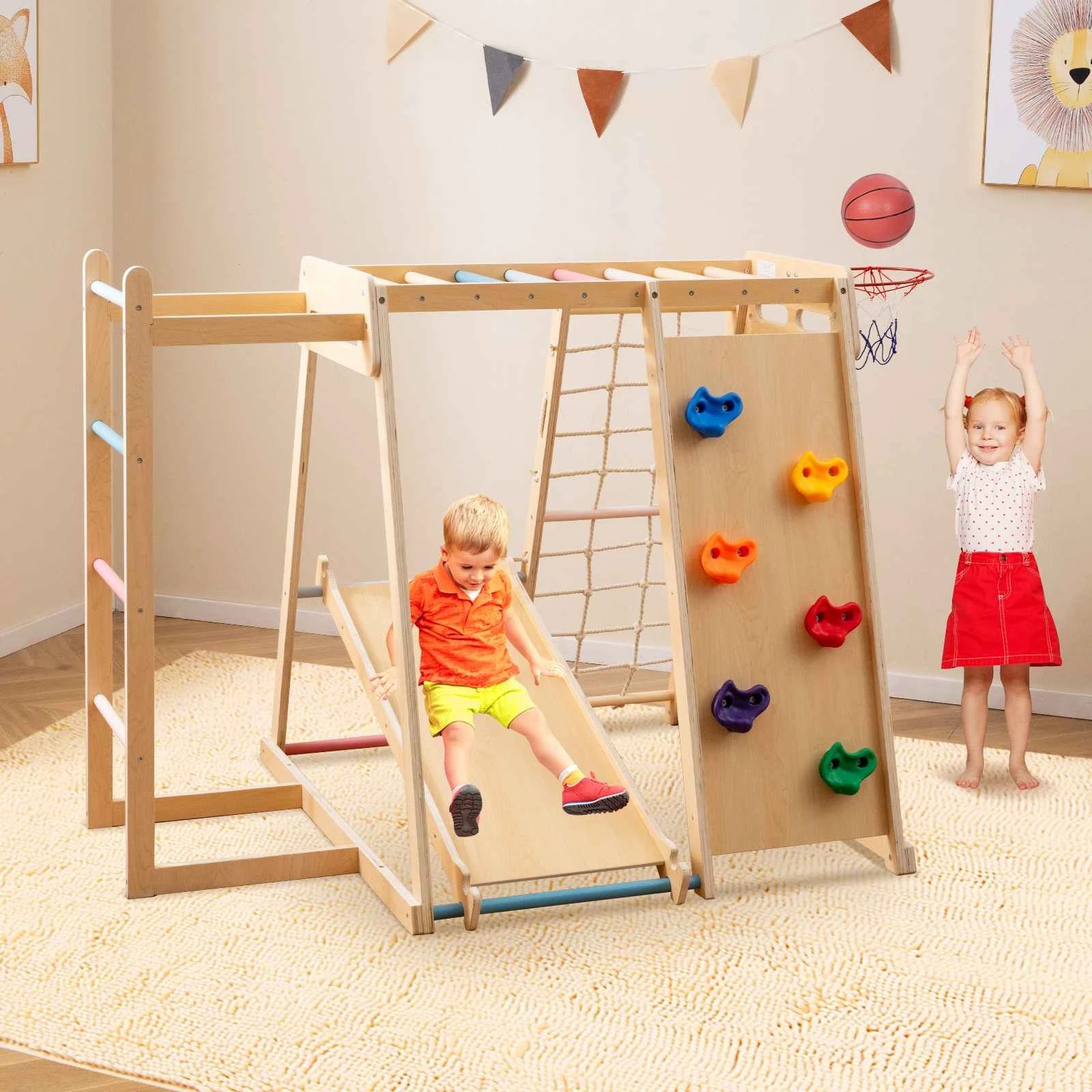 1 Costway Climb Playset 6in1 Jungle Gym Wood Swing Slide - Natural, 1 of 2