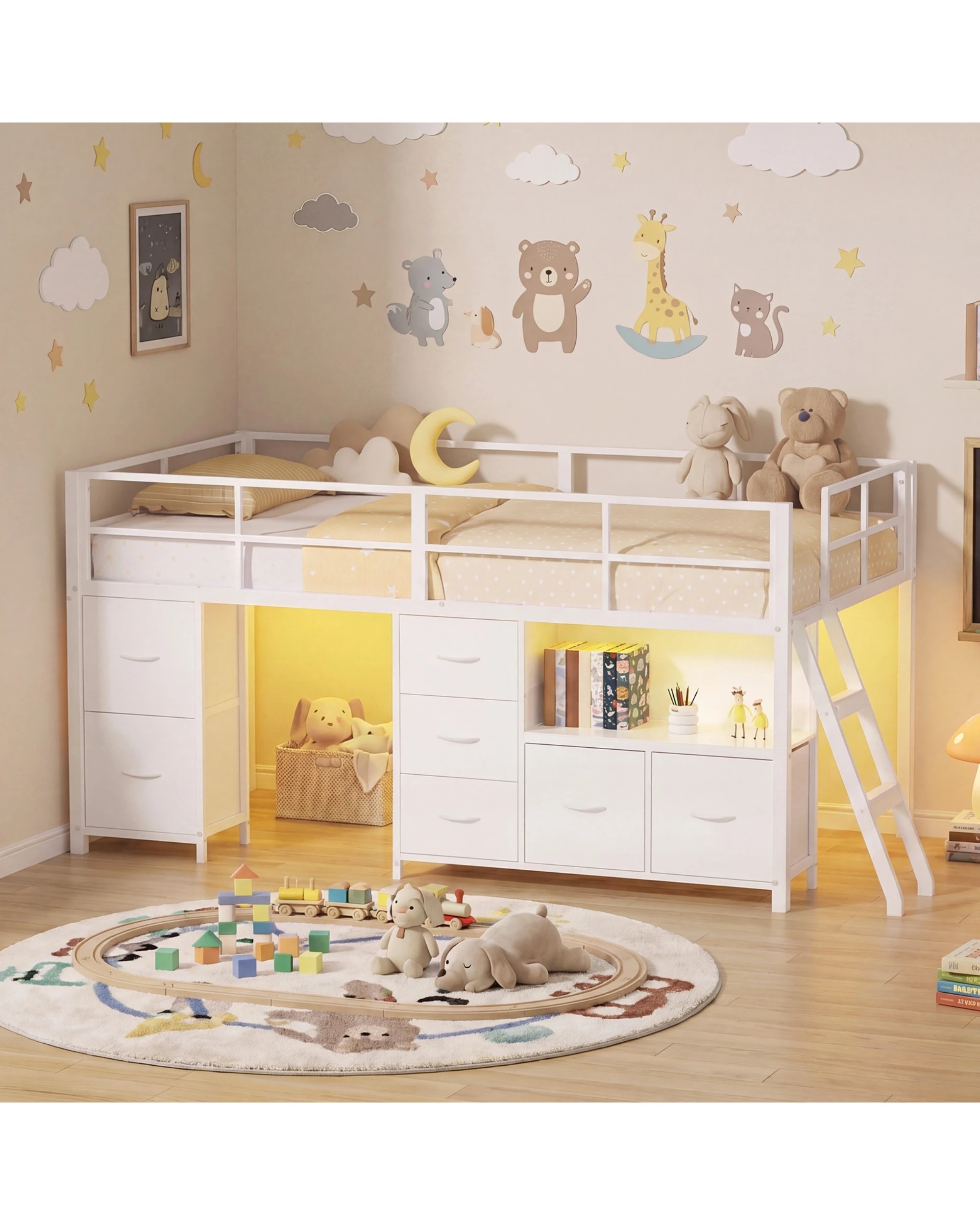 2 Advwin King Single Low Loft Bed with 7 Drawers Bookcase LED Light for Kids - White, 2 of 8