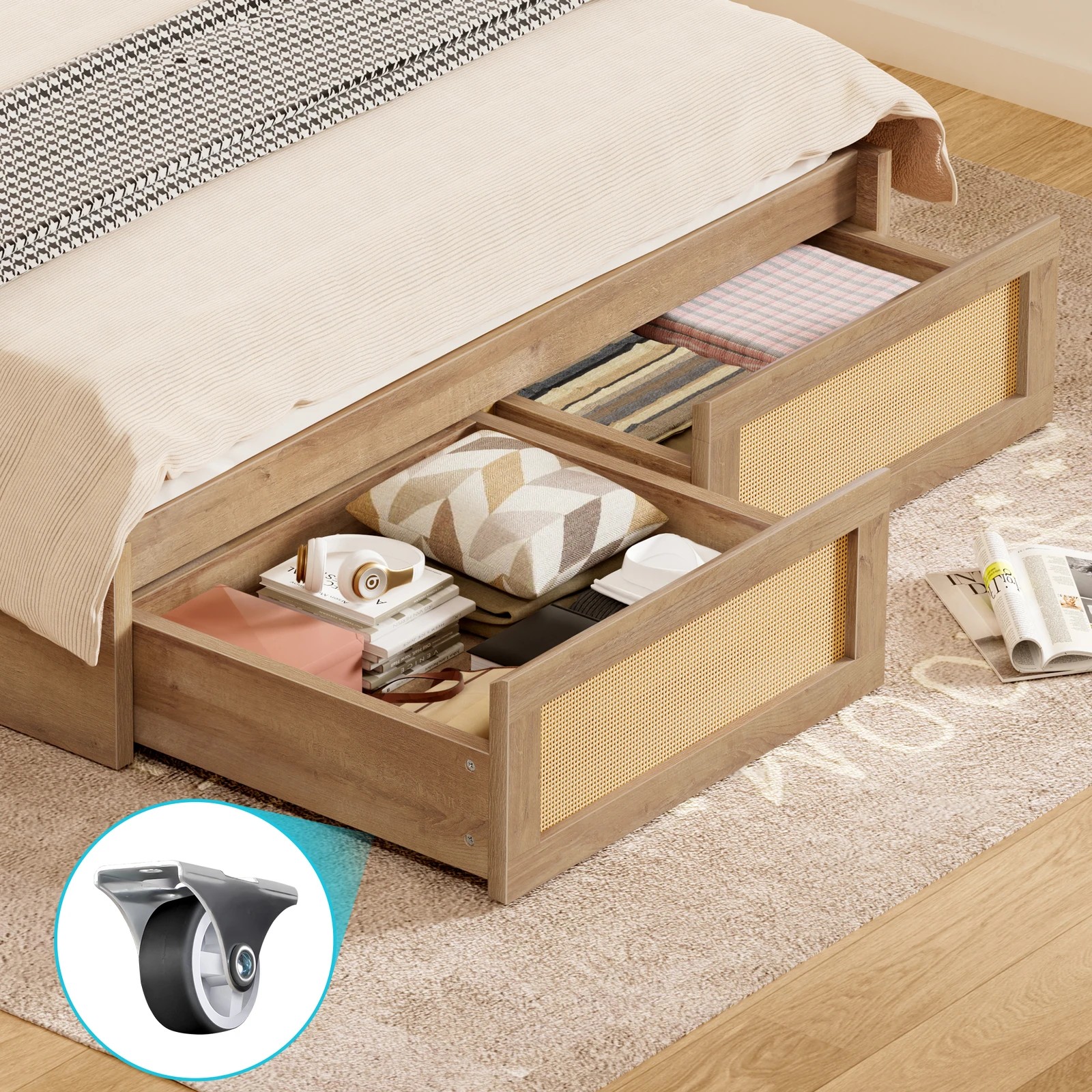 9 Alfordson Wooden Bed Frame Double Size Rattan Bed Base with Storage Drawers - Oak, 9 of 10