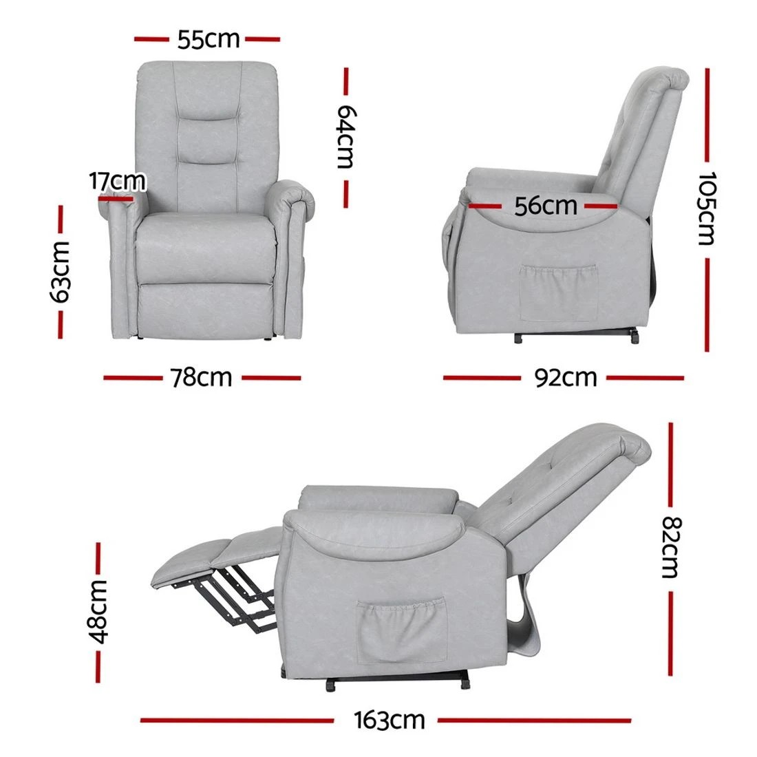 2 Artiss Recliner Chair Lift Assist Chair Leather - Grey, 2 of 6