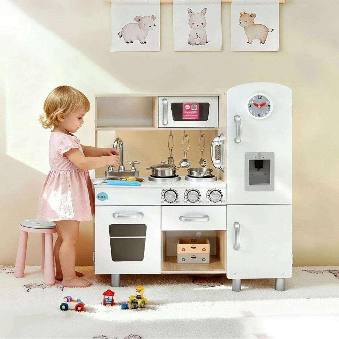 7 Keezi Kids Kitchen Play Set en Pretend Toys Cooking Children Clock - Beige, 7 of 7