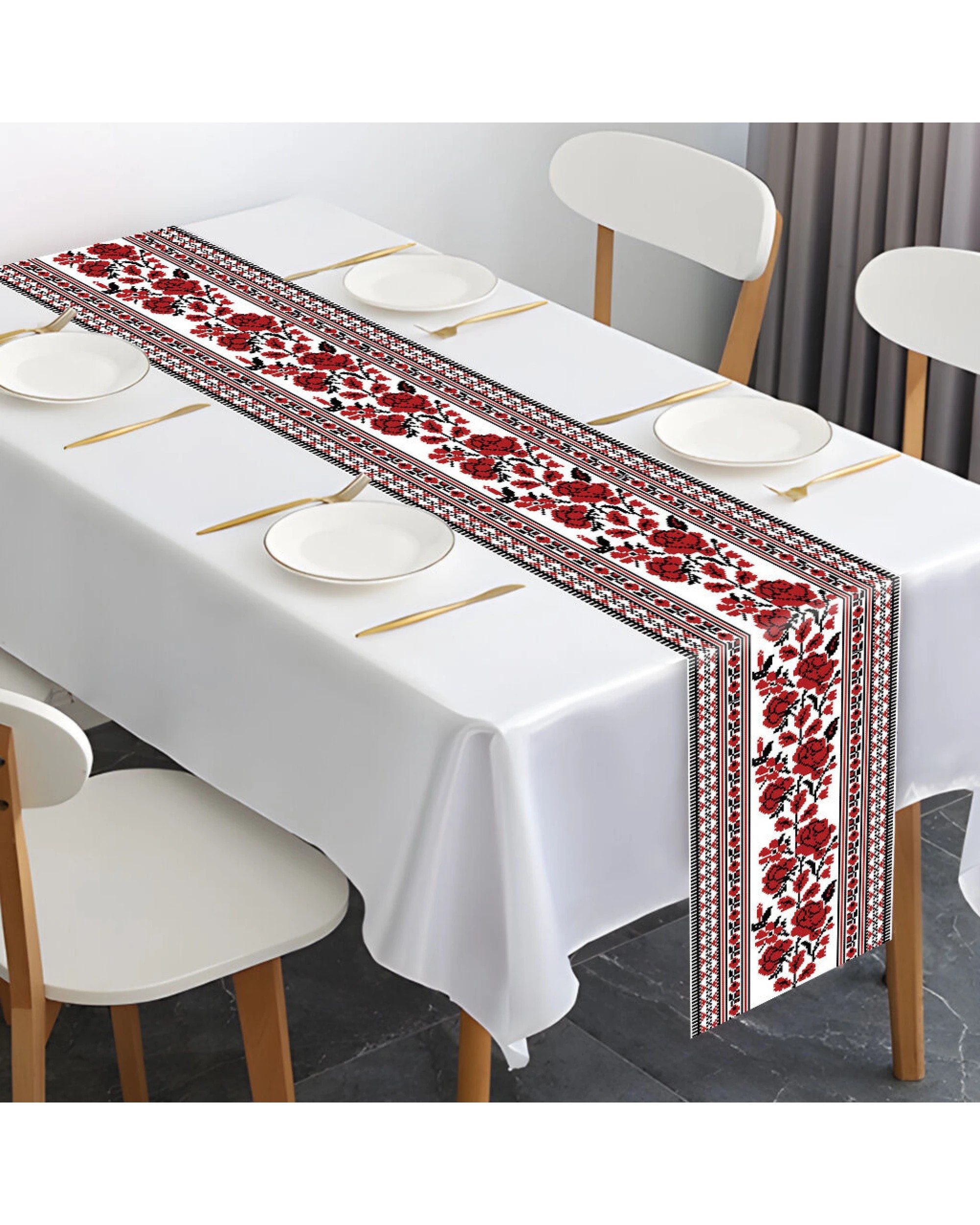 1 BR Home Ukrainian Table Runner – Folk Traditional Print in White, Black & Red (180x35cm), 1 of 7