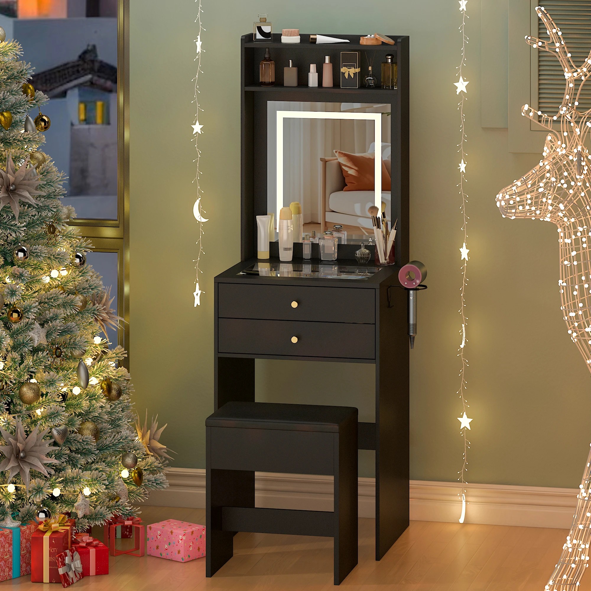 7 Advwin Dressing Table Stool Set Glass Desktop Mirror LED Light 2 Drawers - Black, 7 of 8