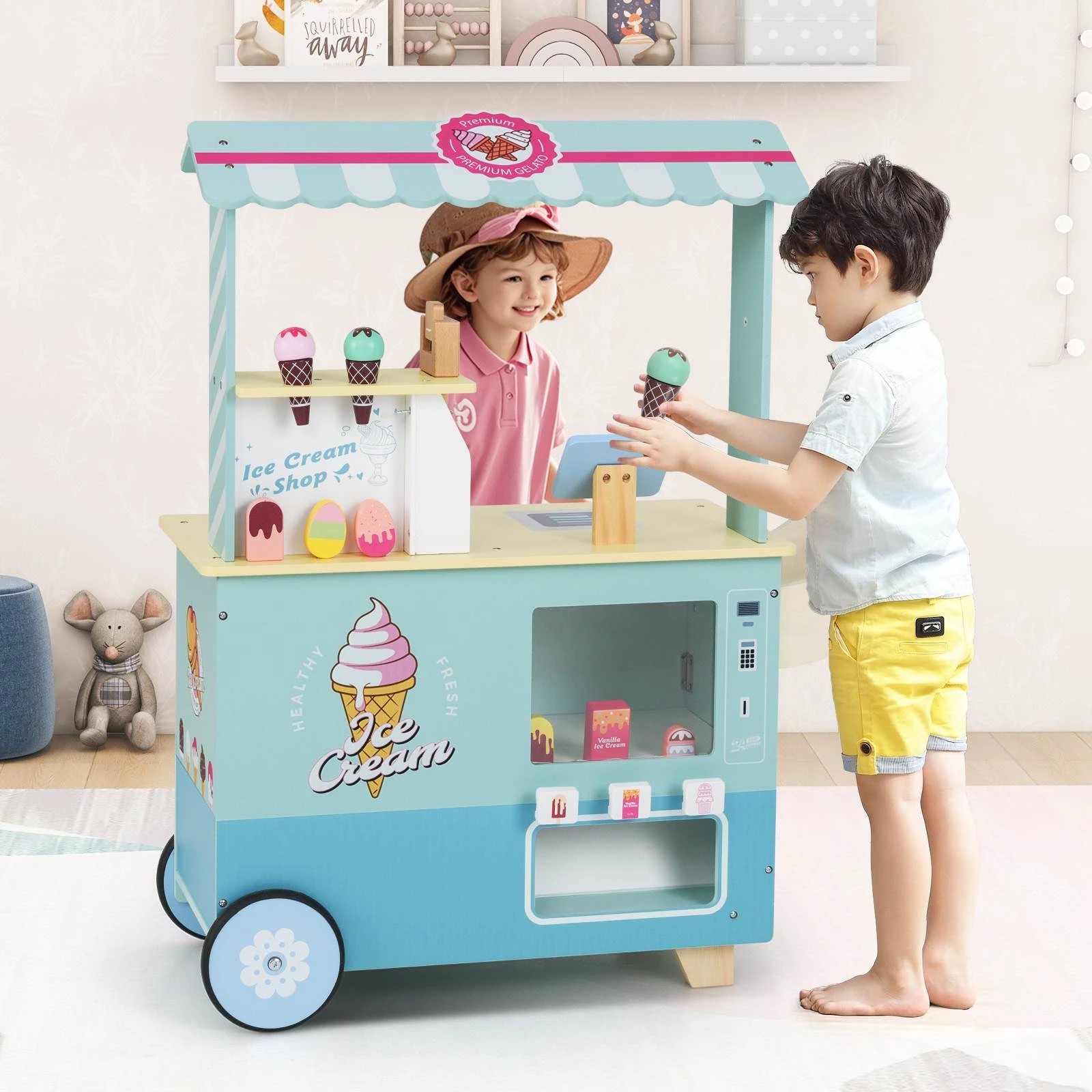 2 Costway Ice Cream Cart Pretend Play Shop Dessert Food Toy - Green, 2 of 2