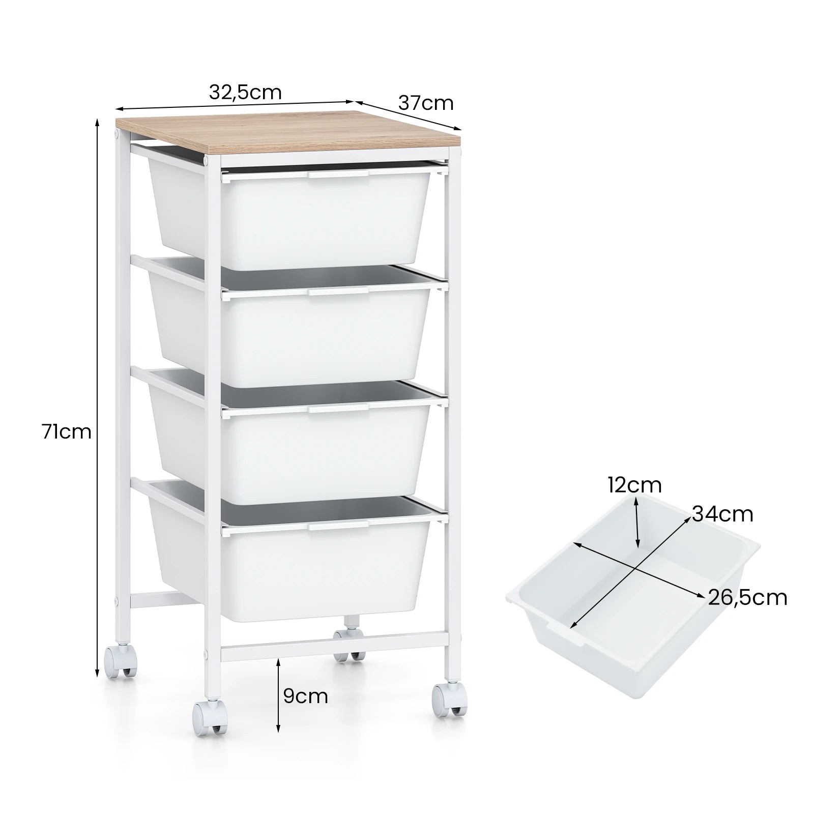 2 Costway 4-Drawer Rolling Storage Cart Mobile Utility Organizer w/Wooden Tabletop - White, 2 of 6