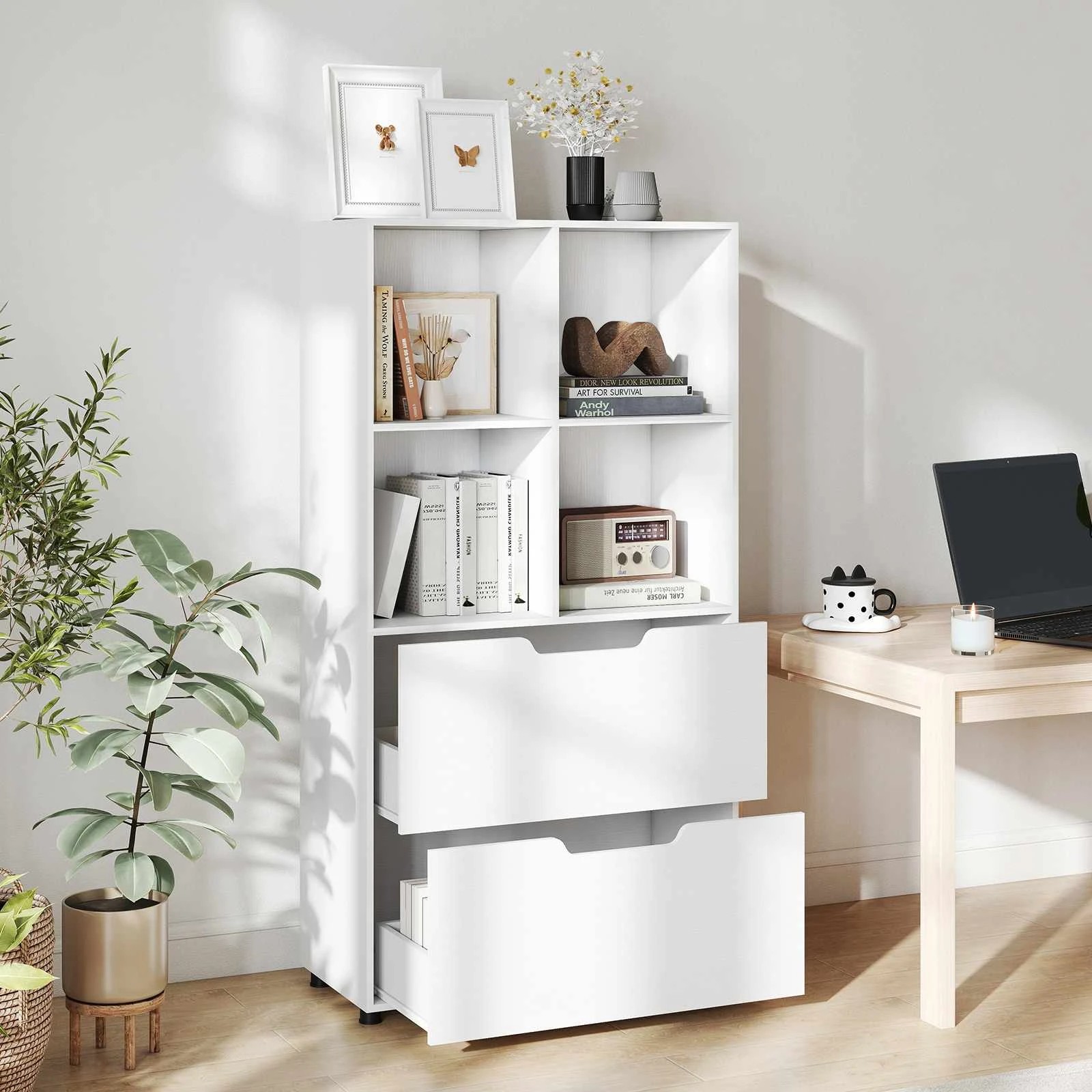 2 Costway 4-Cube 1.3m 5-Tier Bookcase w/2 Drawers Display Rack Bookshelf Storage Organizer - White, 2 of 4