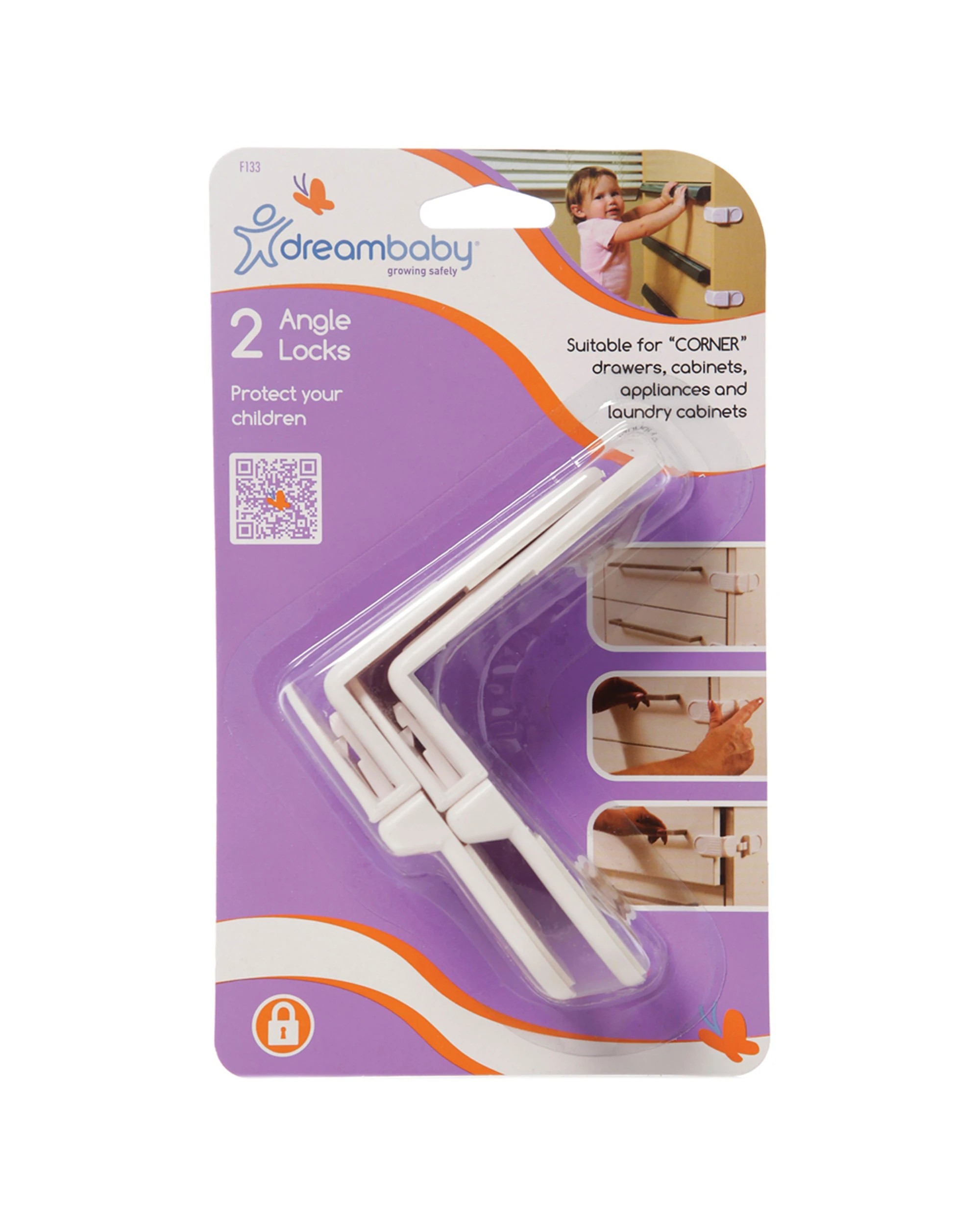 1 Dreambaby 2pc Baby Safety Angle Lock For Corner Cabinets Adhesive Backing - White, 1 of 6