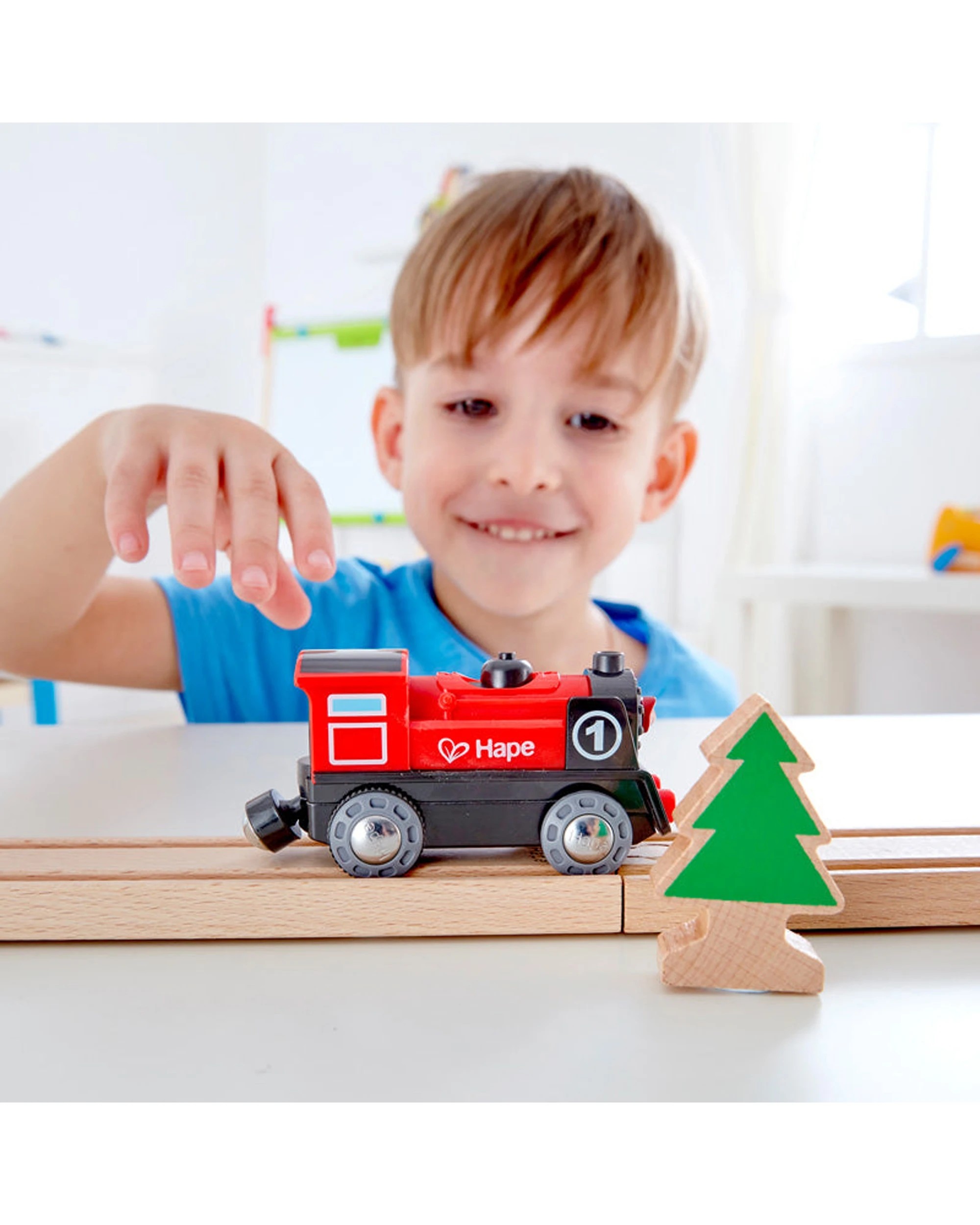 3 Hape Kids Battery Powered Engine No. 1 Wooden Train Toy With Light - Red, 3 of 3