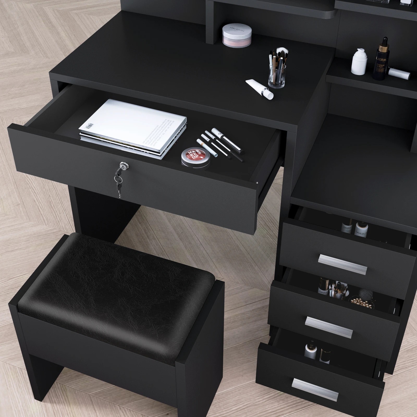 3 Alfordson Dressing Table Stool Set LED Makeup Mirror Vanity Desk Drawers - Black, 3 of 10