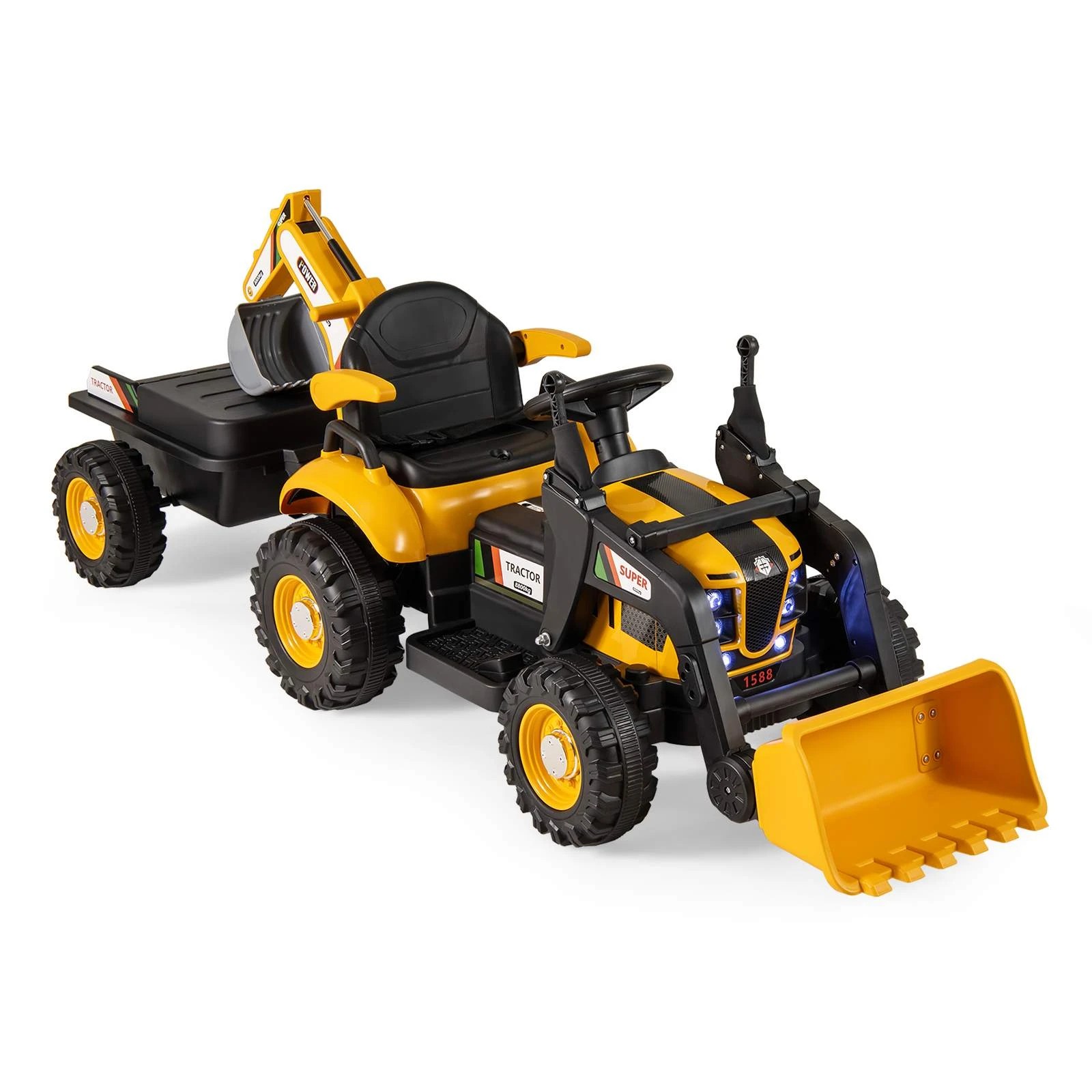 1 Costway 4 in 1 Ride On 12V Electric Excavator Toy Tractor Bulldozer - Yellow, 1 of 1