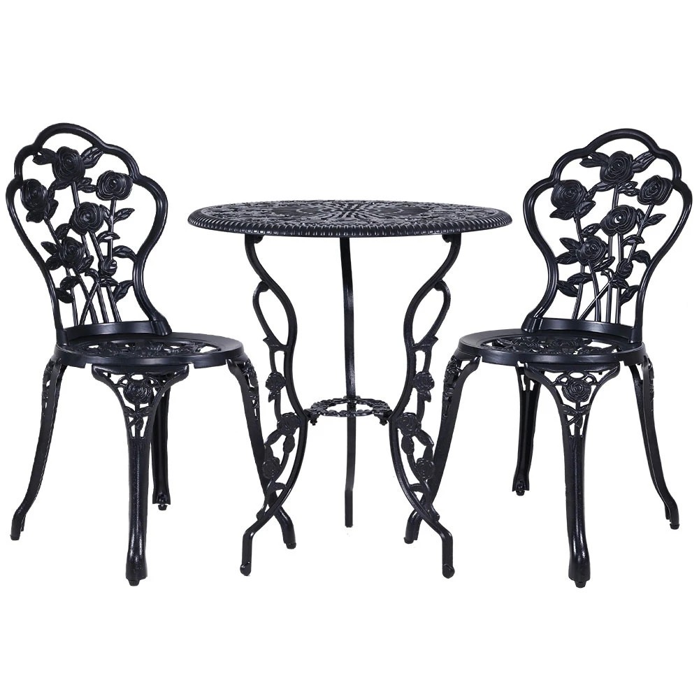 1 Gardeon 3PC Outdoor Setting Bistro Set Chairs Table Cast Aluminum Rose - Black, 1 of 6