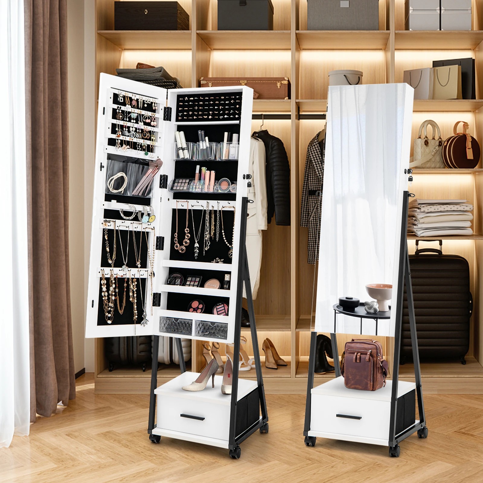 3 Costway Mobile Mirror Jewellery Cabinet Jewelry Makeup Organiser w/Drawers Jewelry Armoire - White, 3 of 4