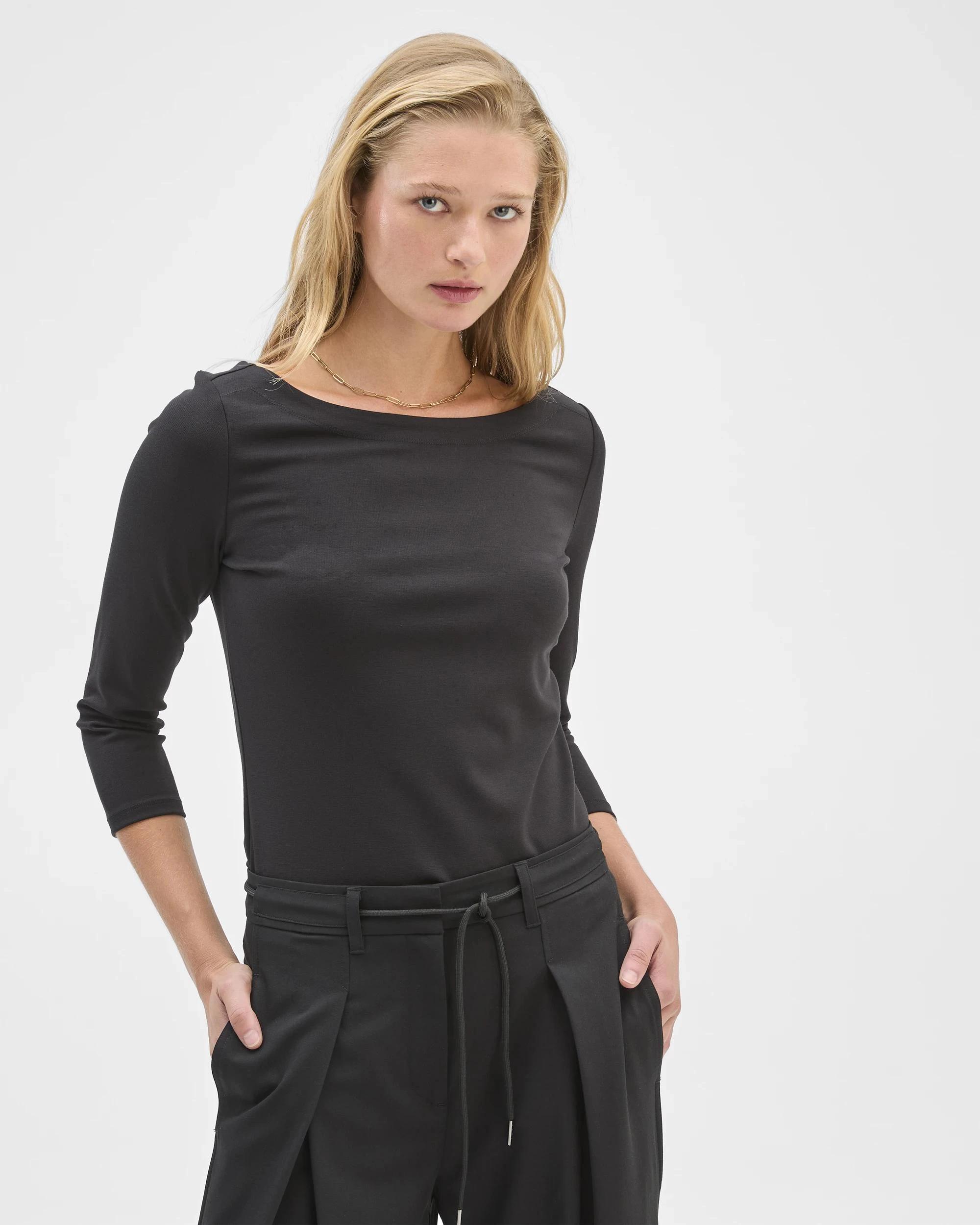 3 Preview 3/4 Sleeve Boat Neck Ponte T-Shirt BLACK, 3 of 8