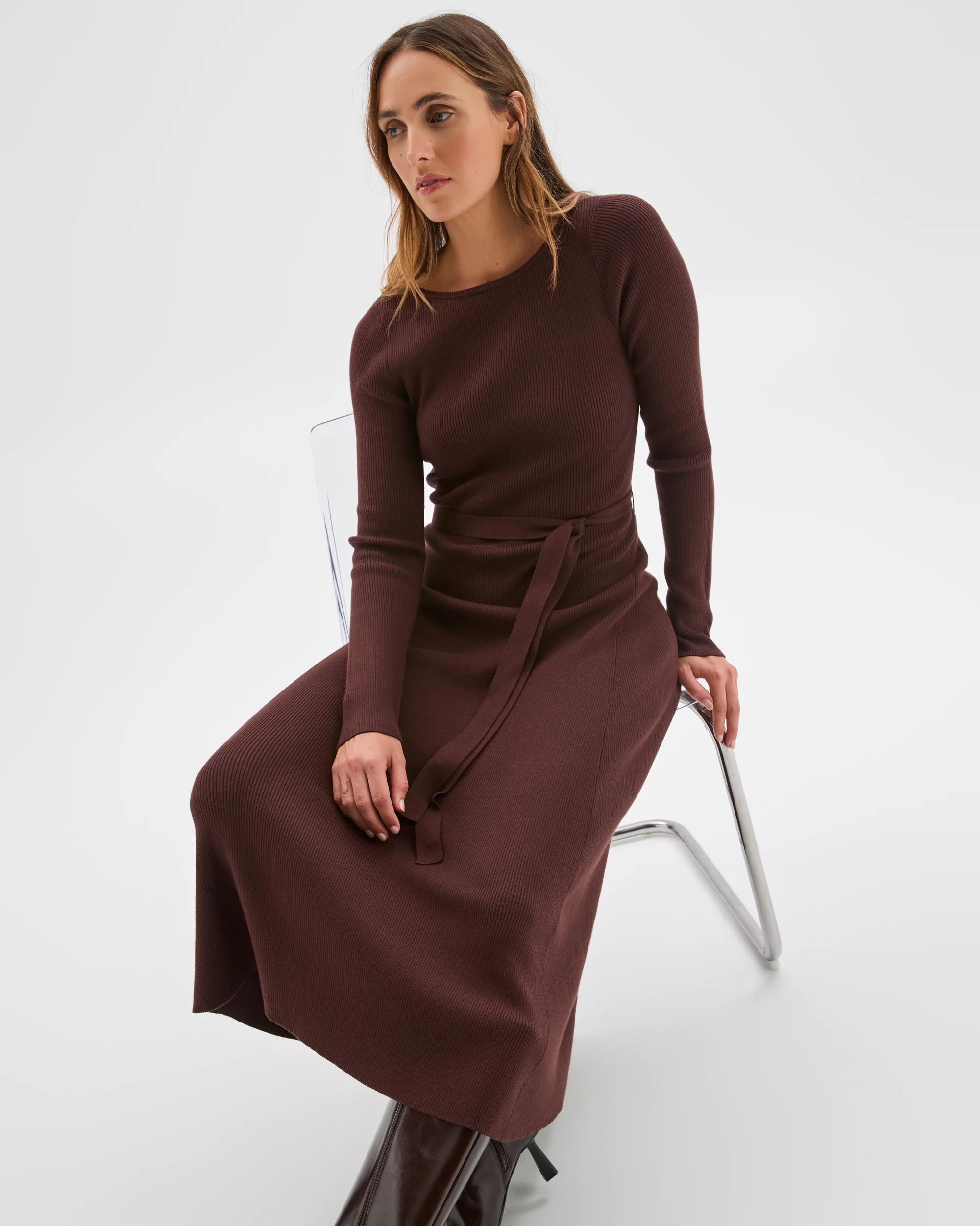5 Preview Australian Cotton Blend Long Sleeve Knit Midi Dress DARK CHOCOLATE, 5 of 5