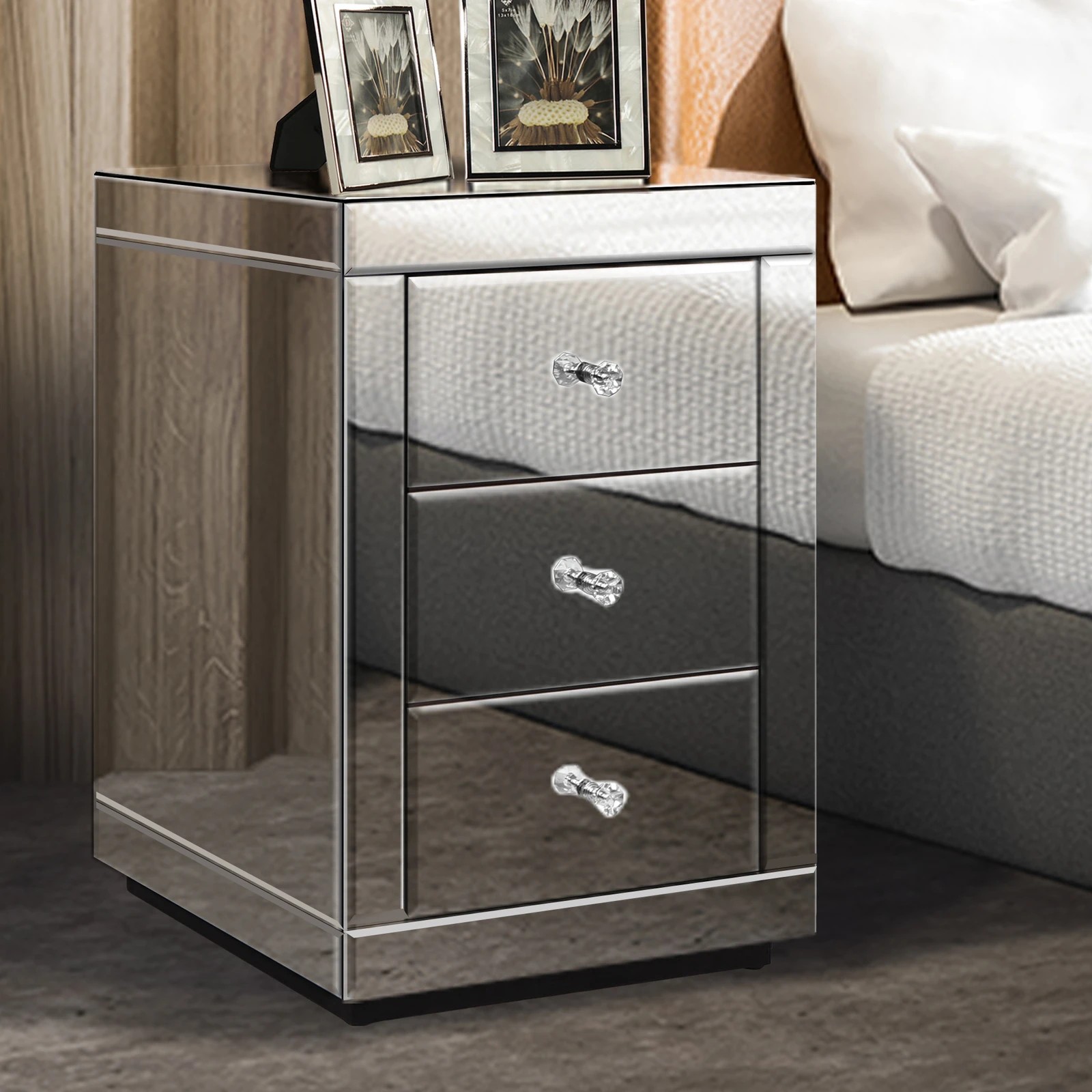 3 Alfordson Bedside Table Mirrored Cabinet Nightstand Side End Table Drawers - Silver, 3 of 10