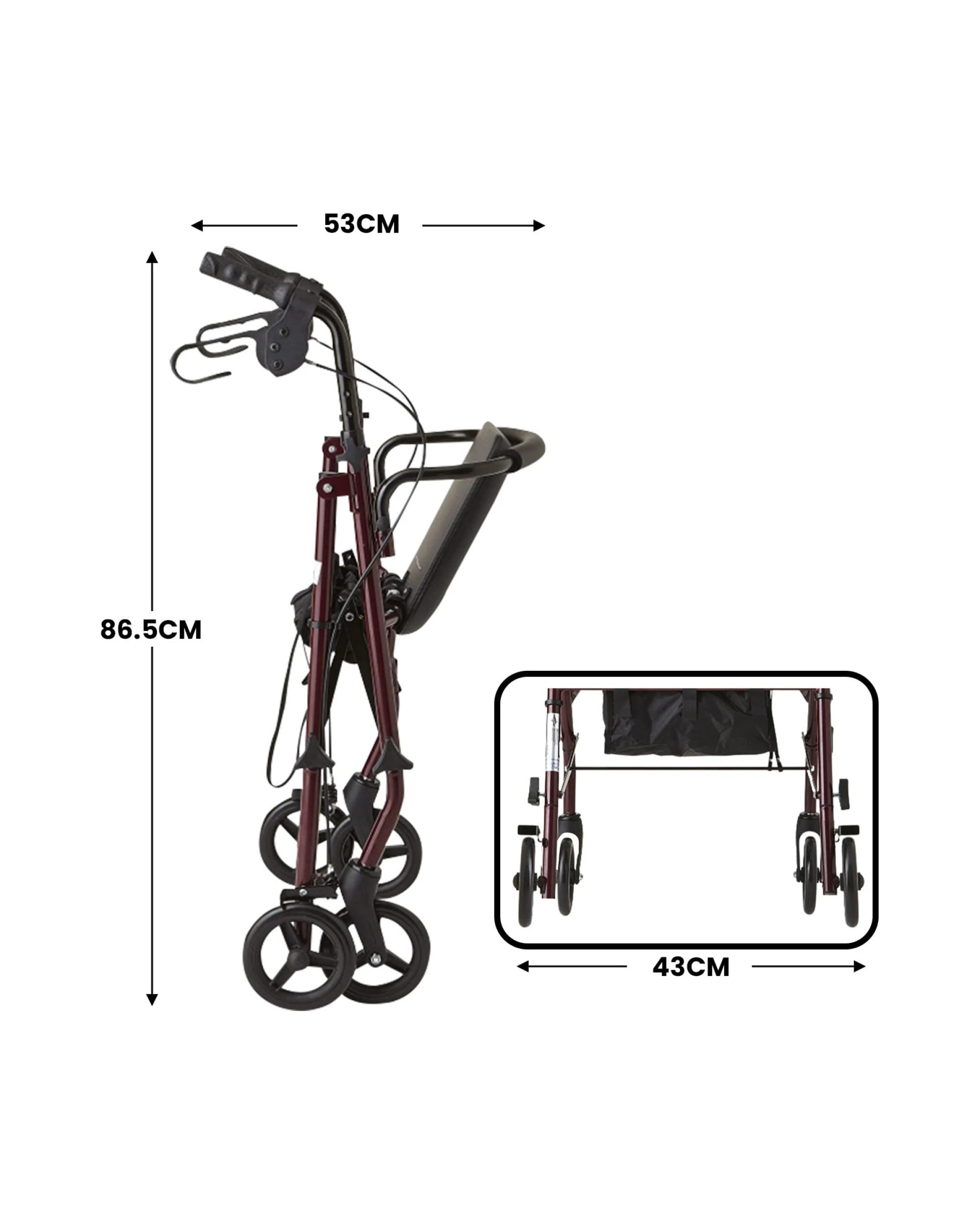 4 Orthonica Folding Steel Rollator 4-Wheel Walker, Adjustable Handles, Storage Seat - Black, 4 of 8