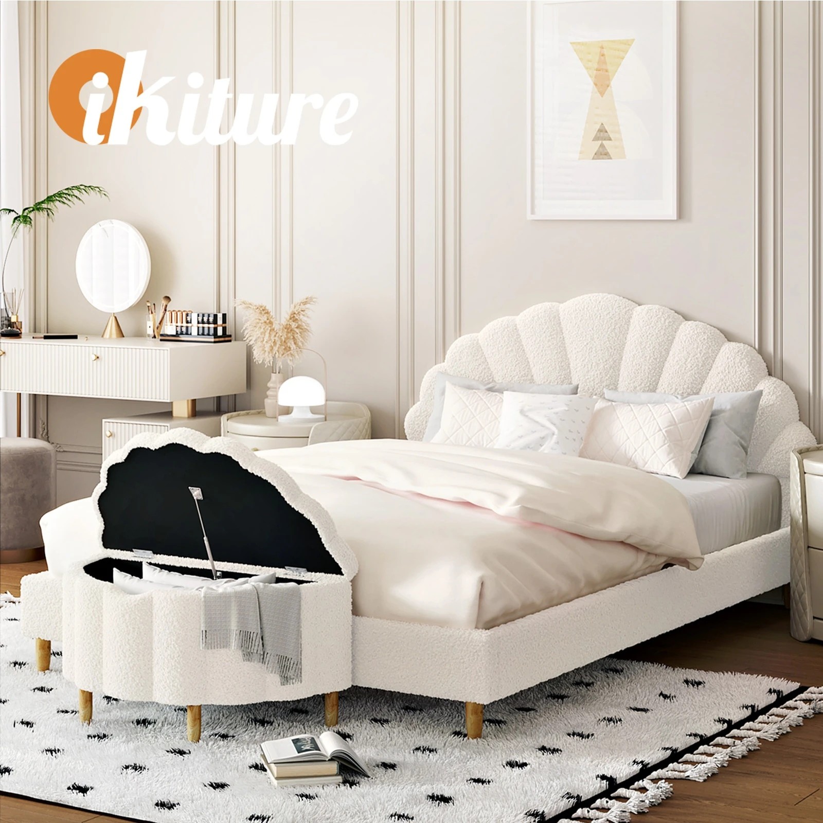 6 Oikiture Boucle Bed Frame with Ottoman Set Scallop Shaped Sherpa Bedhead Double - White, 6 of 9