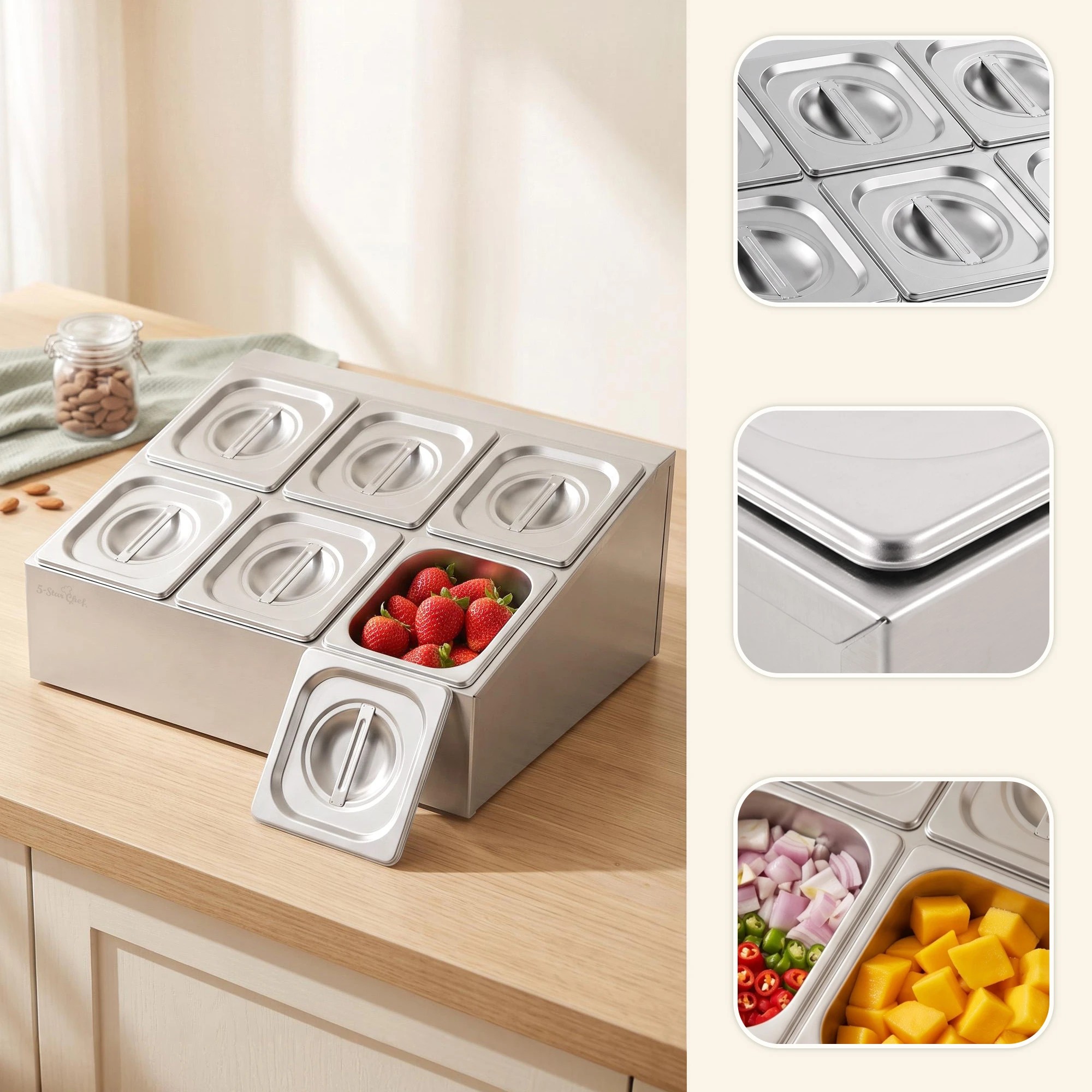 6 5-Star Chef 6 Pan Food Serving Display Station Stainless Steel with Lids - Silver, 6 of 8