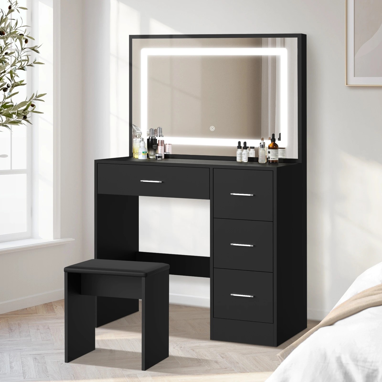 2 Oikiture Dressing Table Stool Set Large Makeup Mirror Led Light Vanity
 - Black, 2 of 9