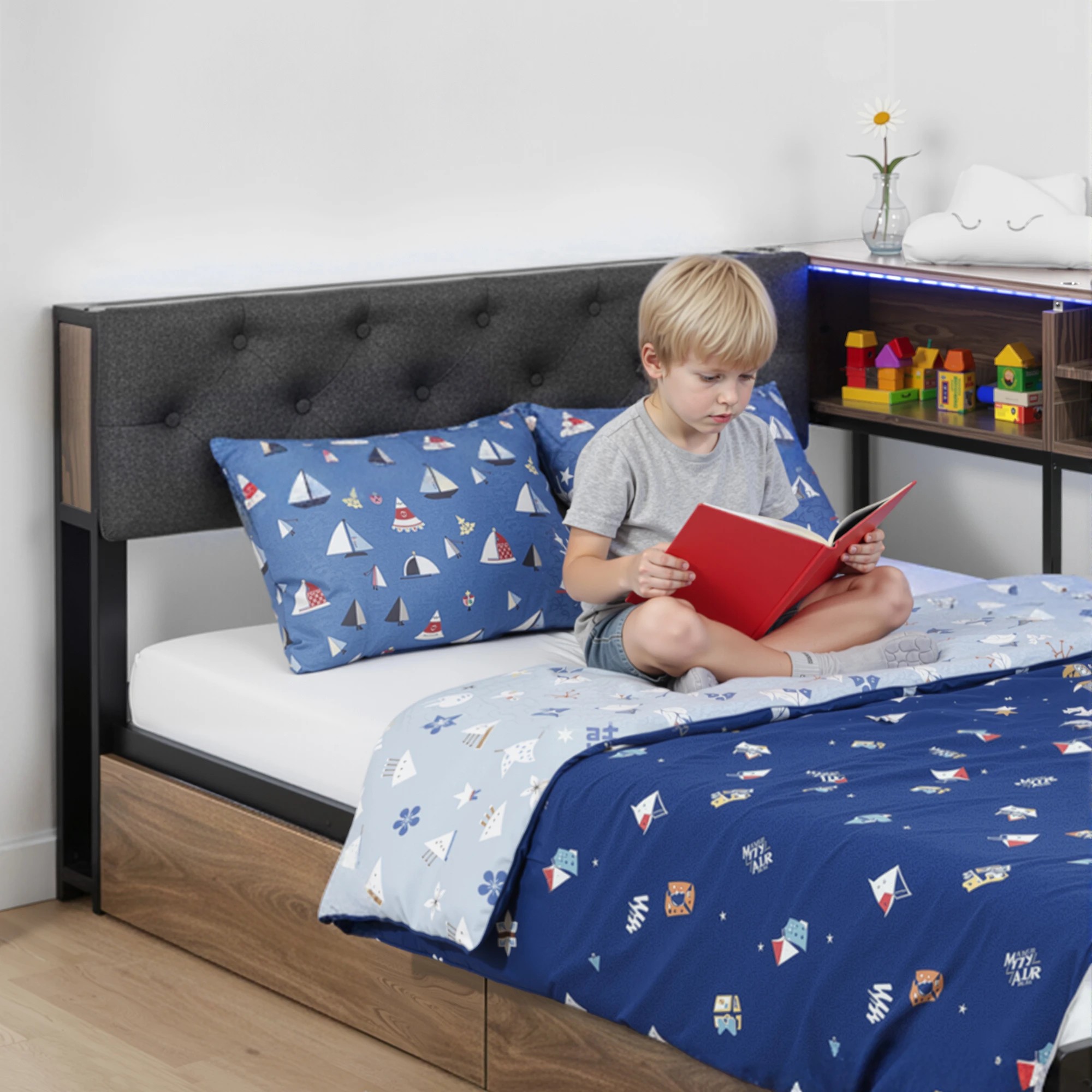 7 Artiss Bed Frame King Single Size with 2 Drawers and Charging Station Metal Corner - Multi, 7 of 9