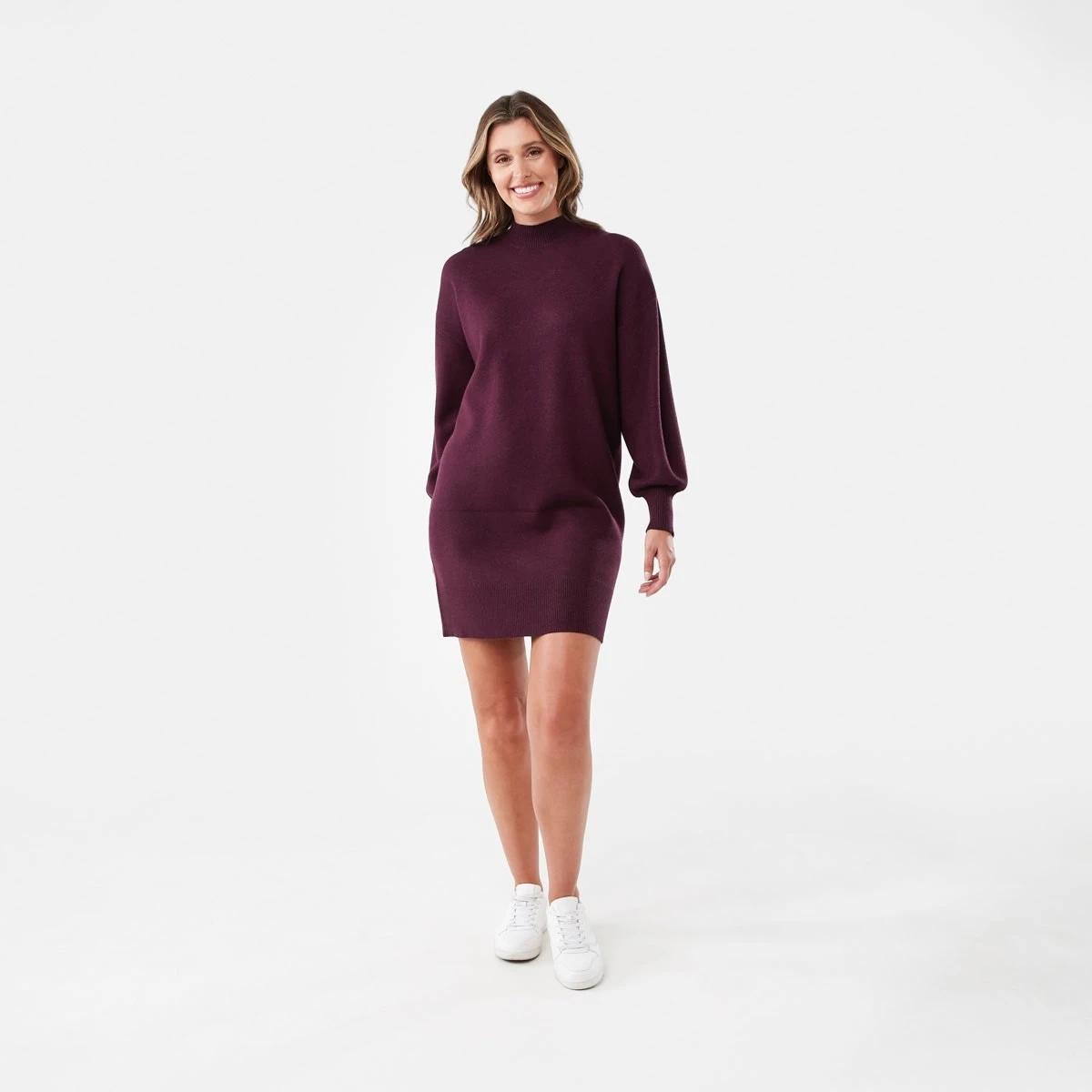 7 Long Sleeve Mock Neck True Knit Mini Dress Mulberry, 7 of 7