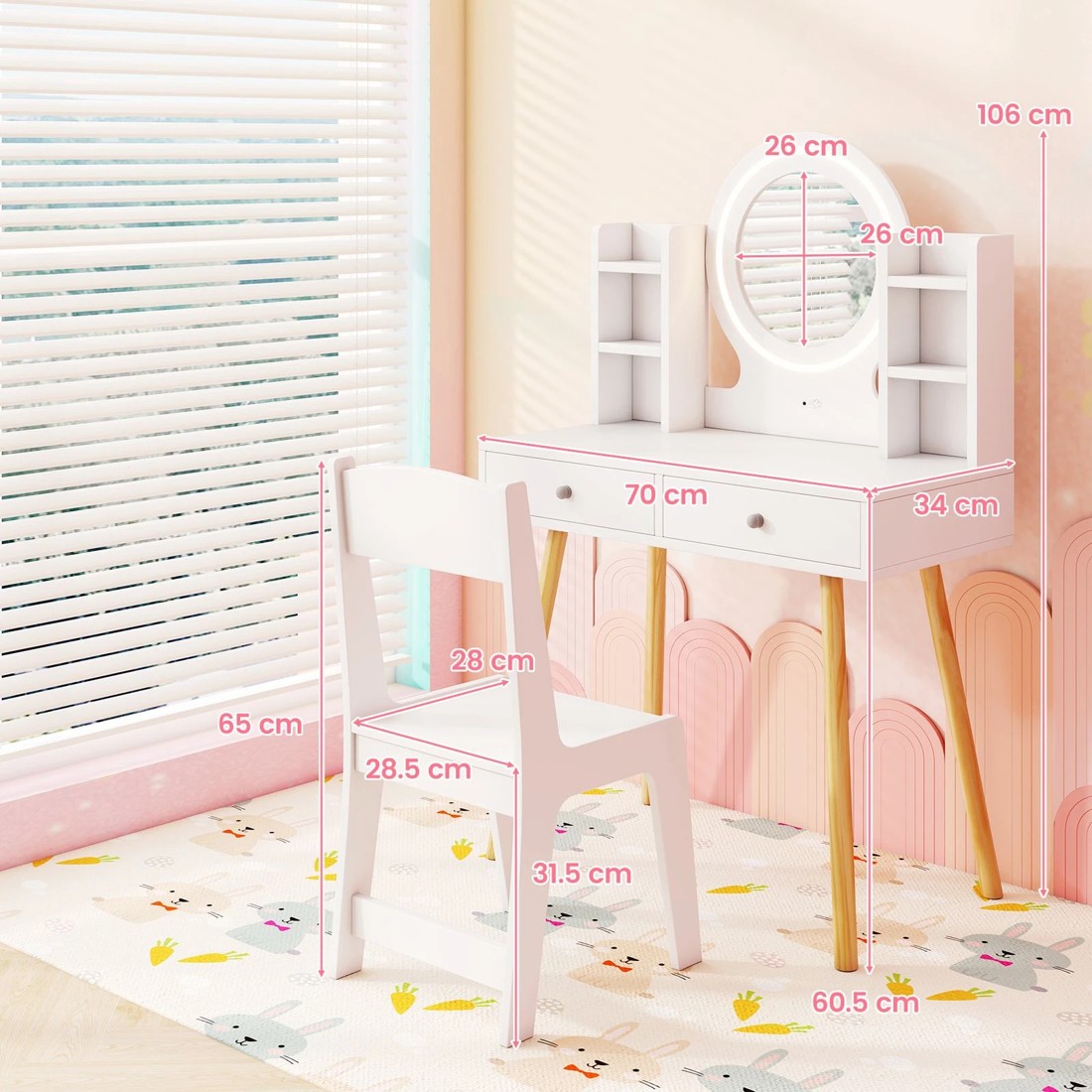 2 Costway Kids Vanity Dressing Table & Chair Set White, 2 of 4