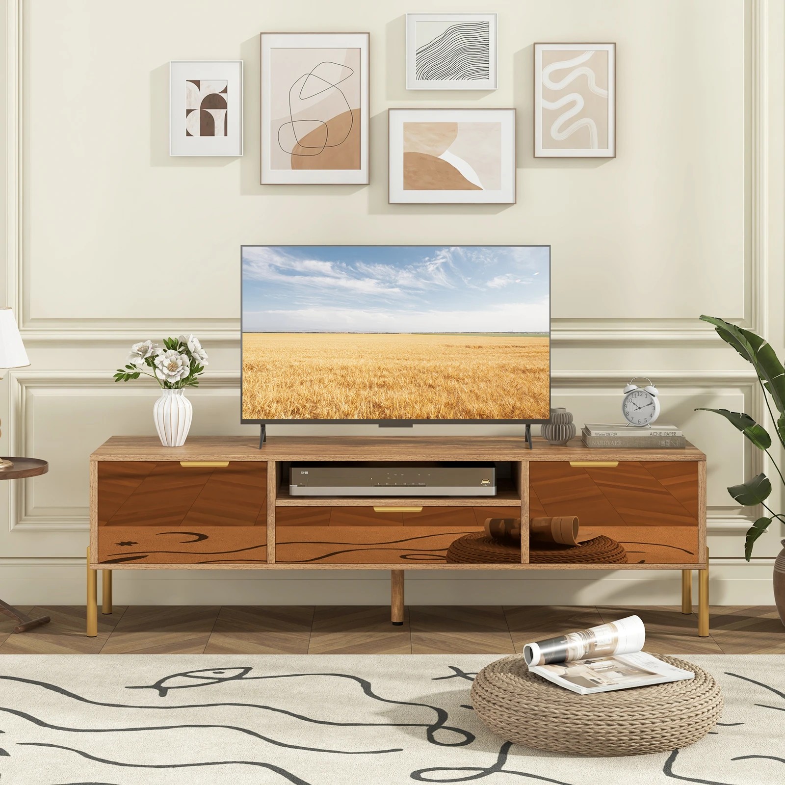 2 Costway Mirrored TV Cabinet Media Console Table Wooden Entertainment Cabinet w/Storage Drawer, 2 of 5